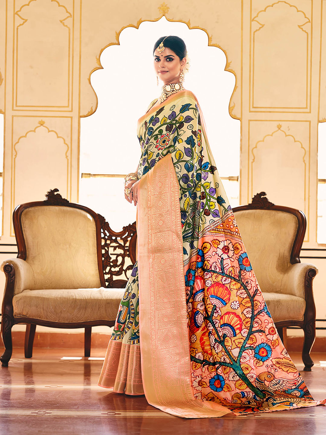 Bright Cream & Pink Woven Silk Designer Saree