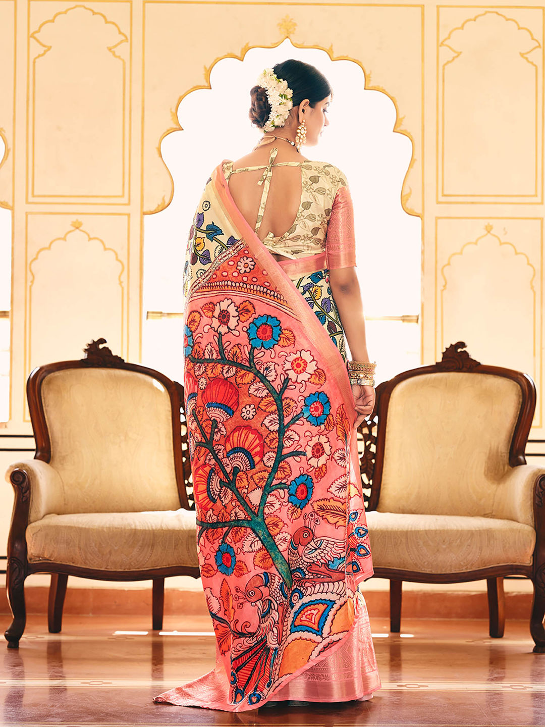 Bright Cream & Pink Woven Silk Designer Saree
