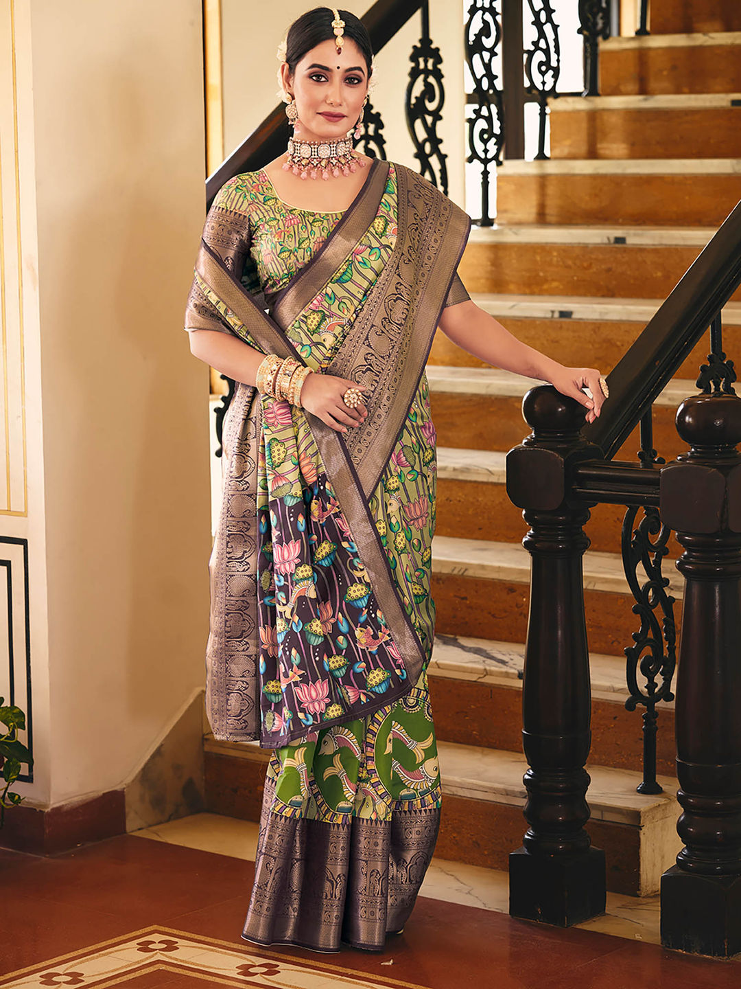 Olive Green & Purple Woven Silk Designer Saree