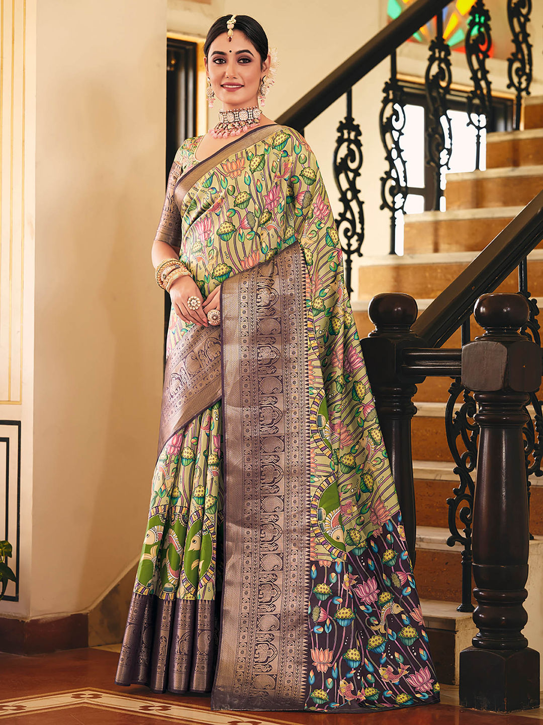 Olive Green & Purple Woven Silk Designer Saree