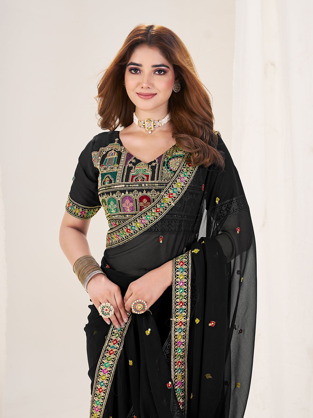 SHOPGARB Black Embroidered Georgette Saree With Unstiched Blouse