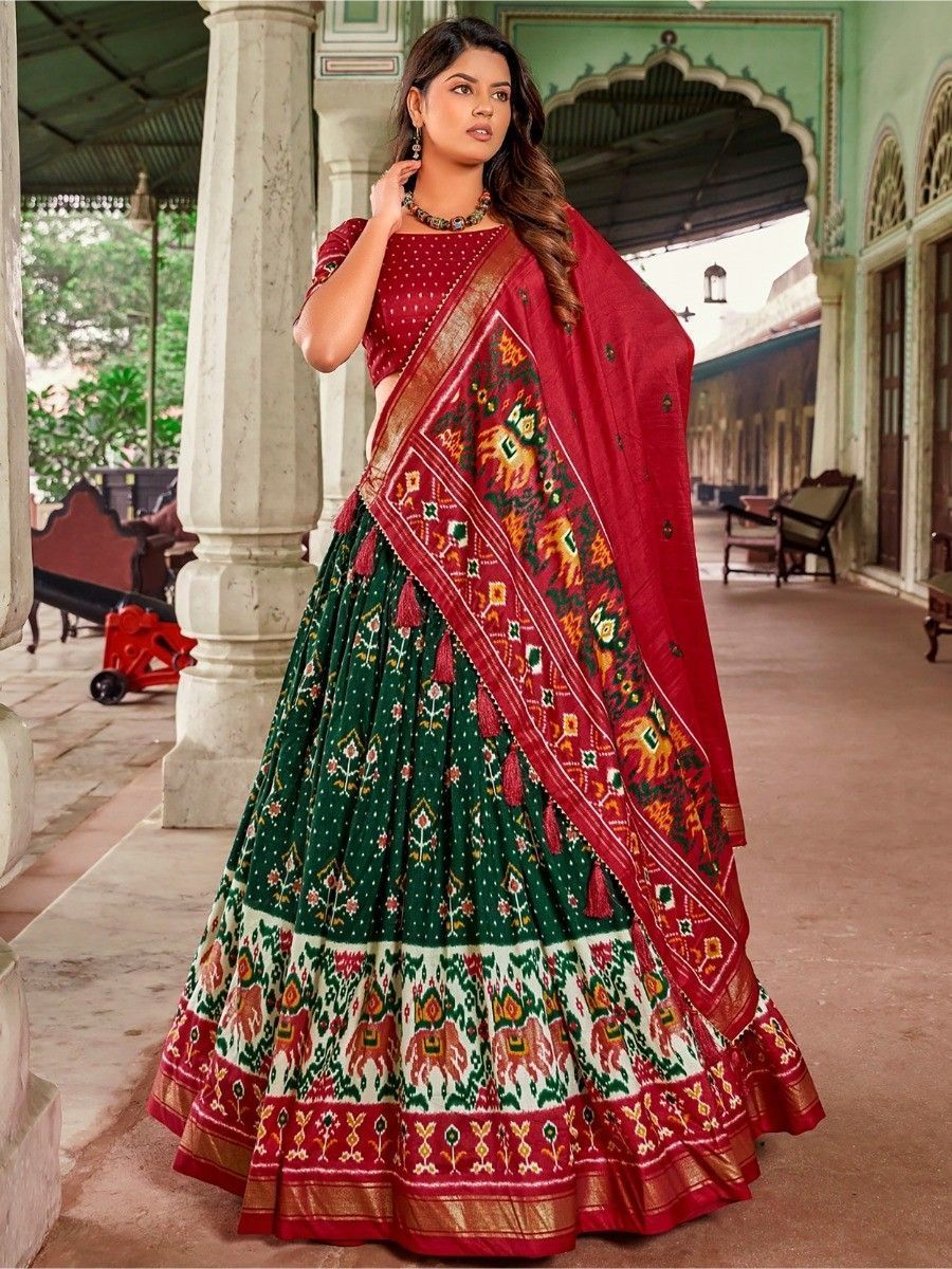 Navratri Wear Green Silk Patola Printed Lehenga Choli