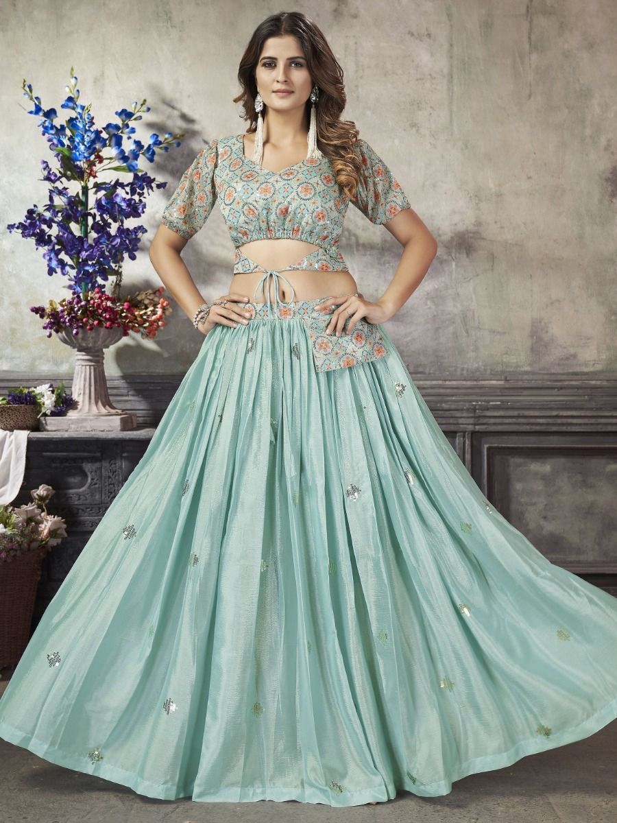 Sea Green Ready-to-Wear Silk Navratri Crop Top Lehenga
