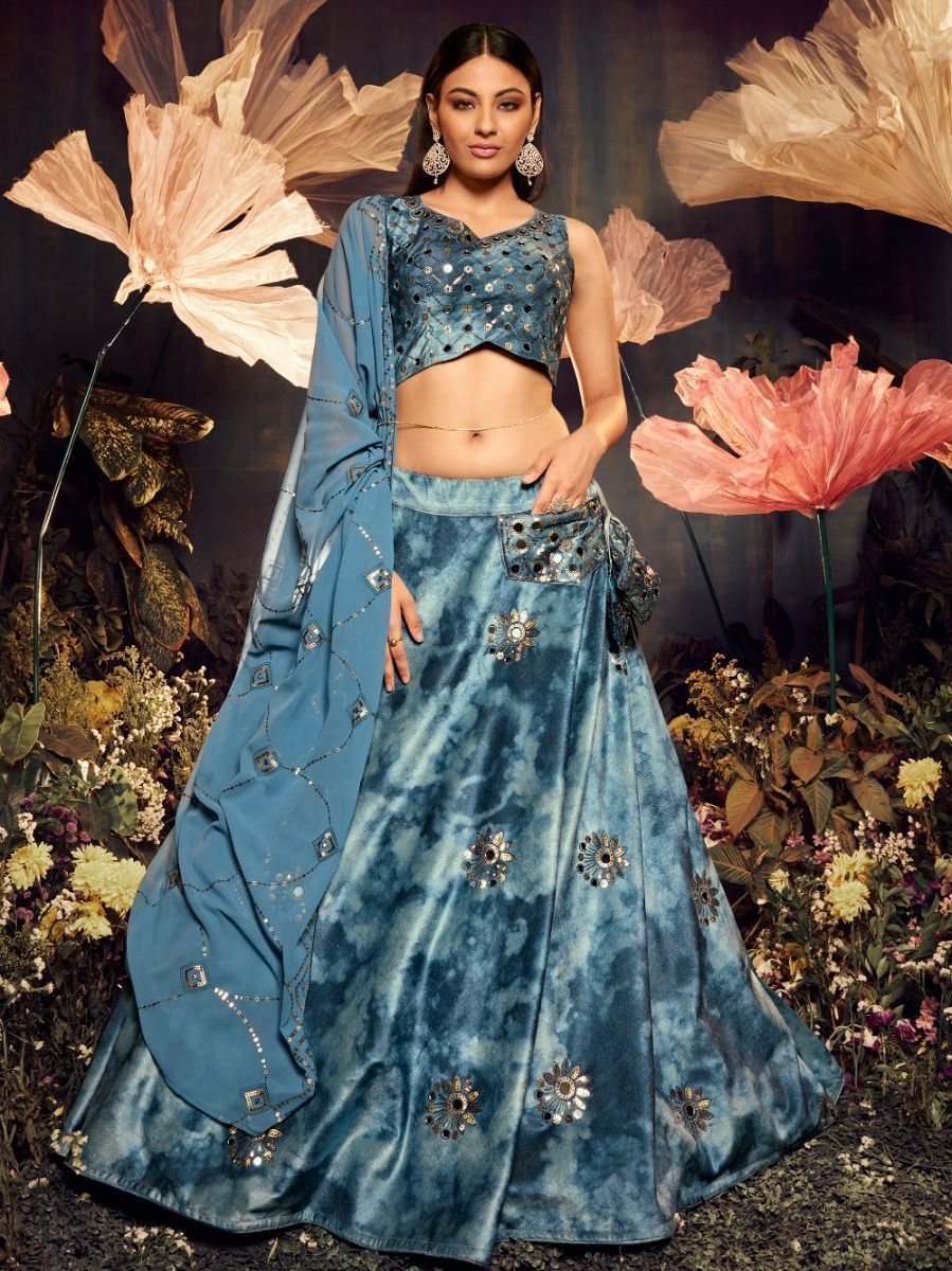 Fancy Blue Mirror Worked Velvet Lehenga Choli