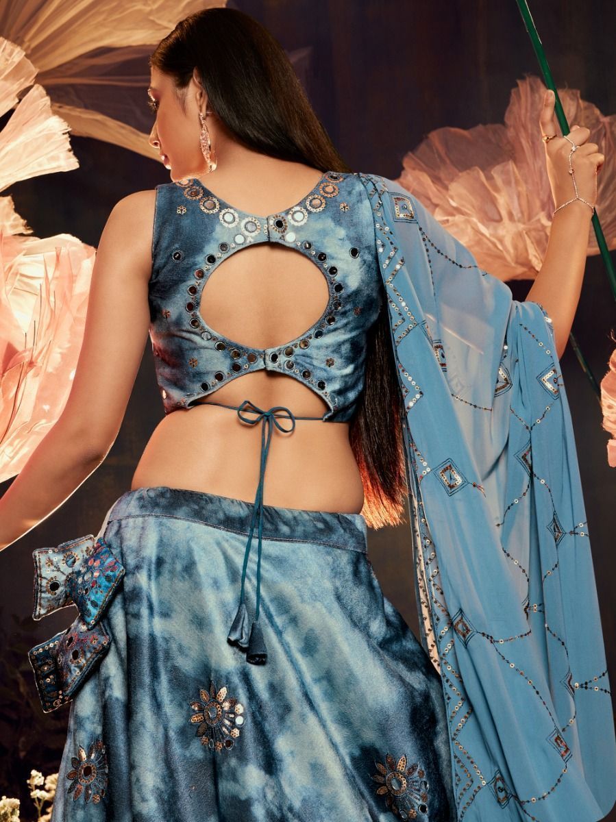 Fancy Blue Mirror Worked Velvet Lehenga Choli