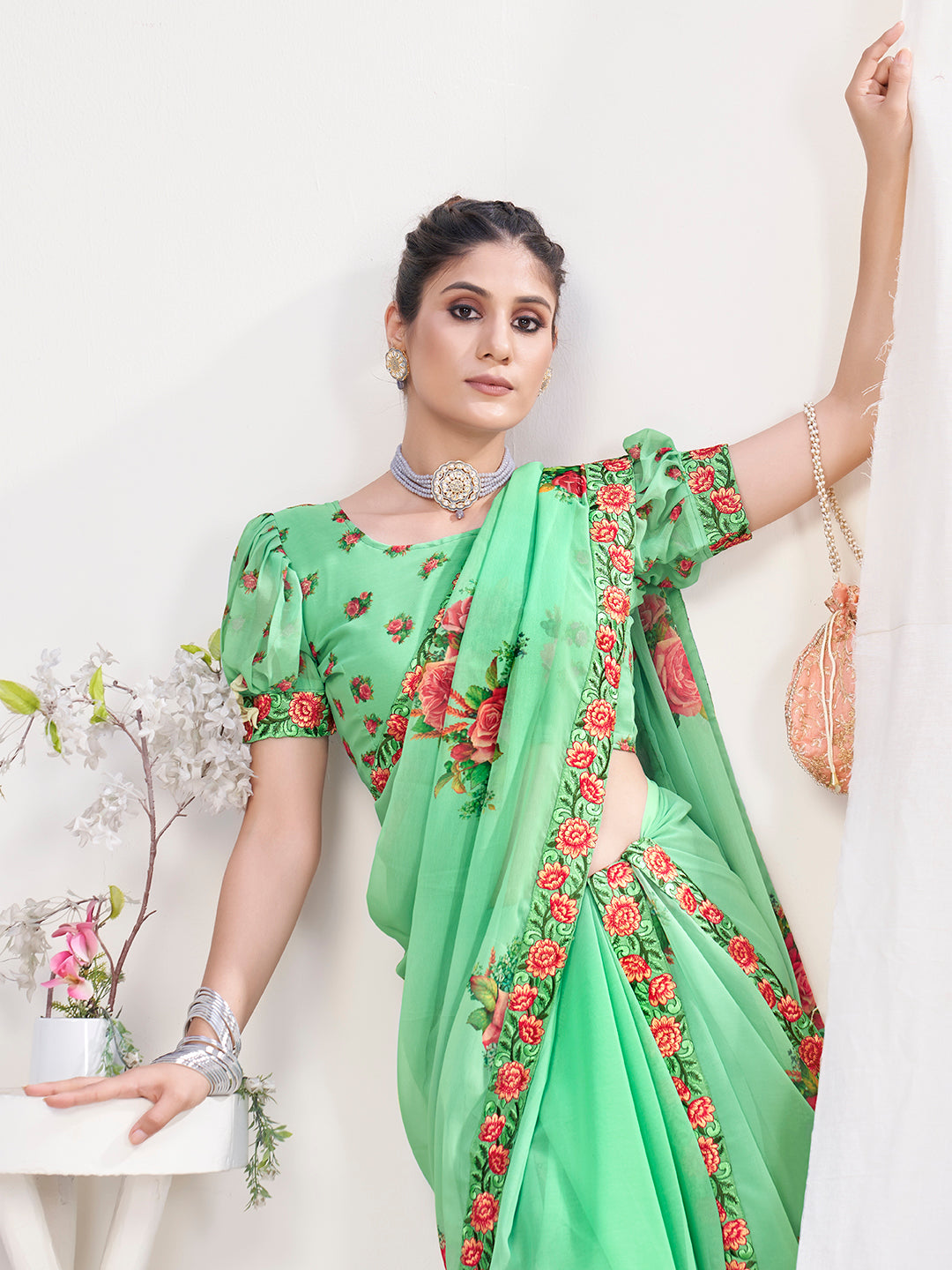 Apple Green Floral Designer Georgette Saree