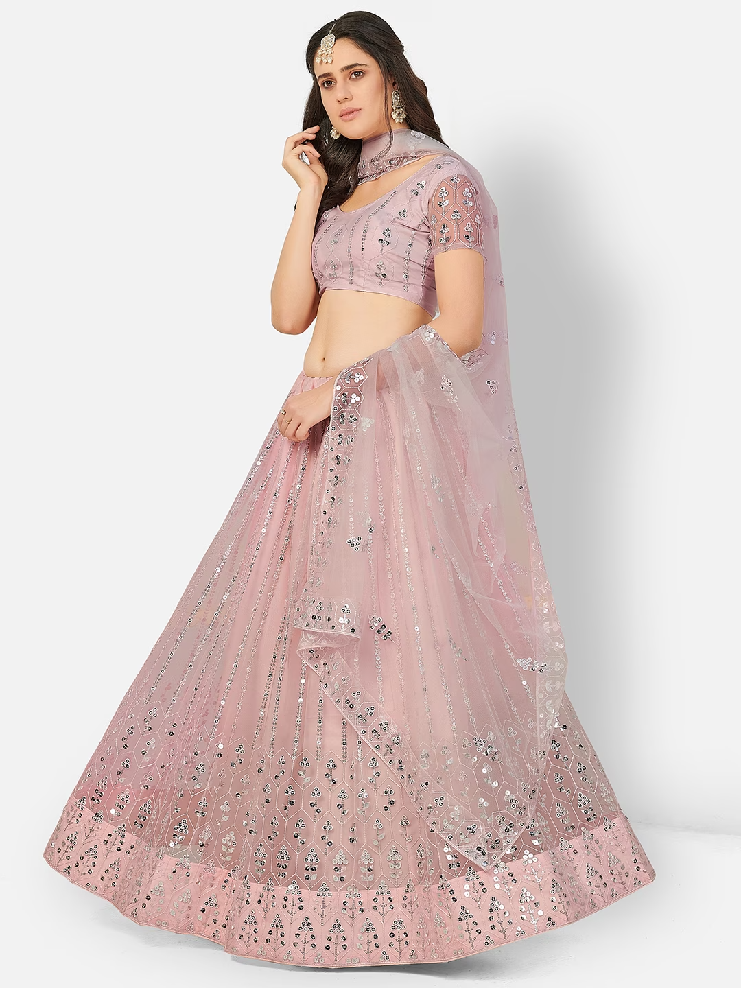 Prodigious Peach and Silver Sequins Sangeet Special Lehenga and Blouse With Dupatta