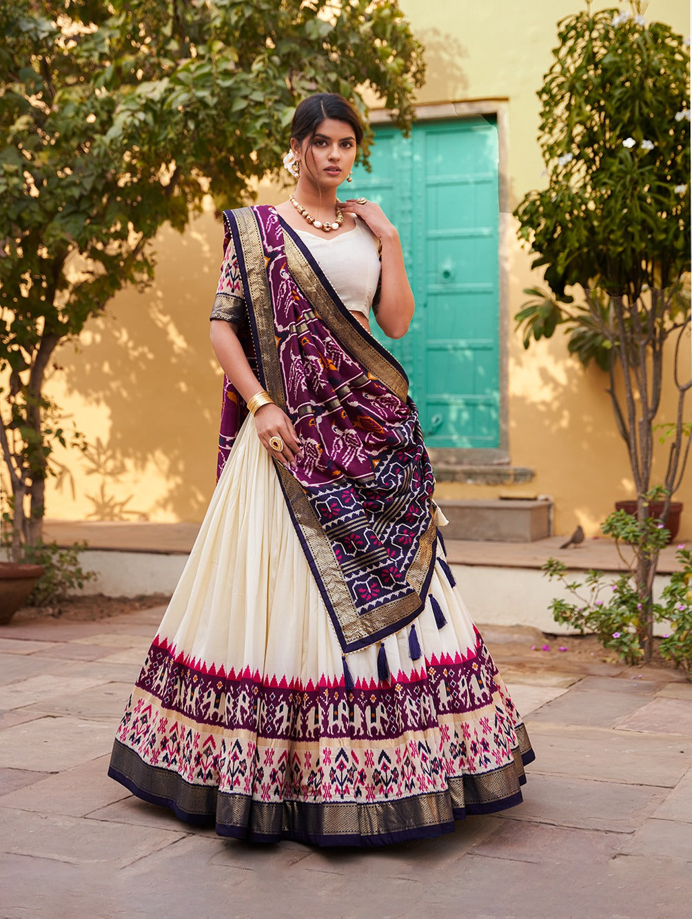 White & Purple Patola Silk Lehenga Choli With Contrast Dupatta