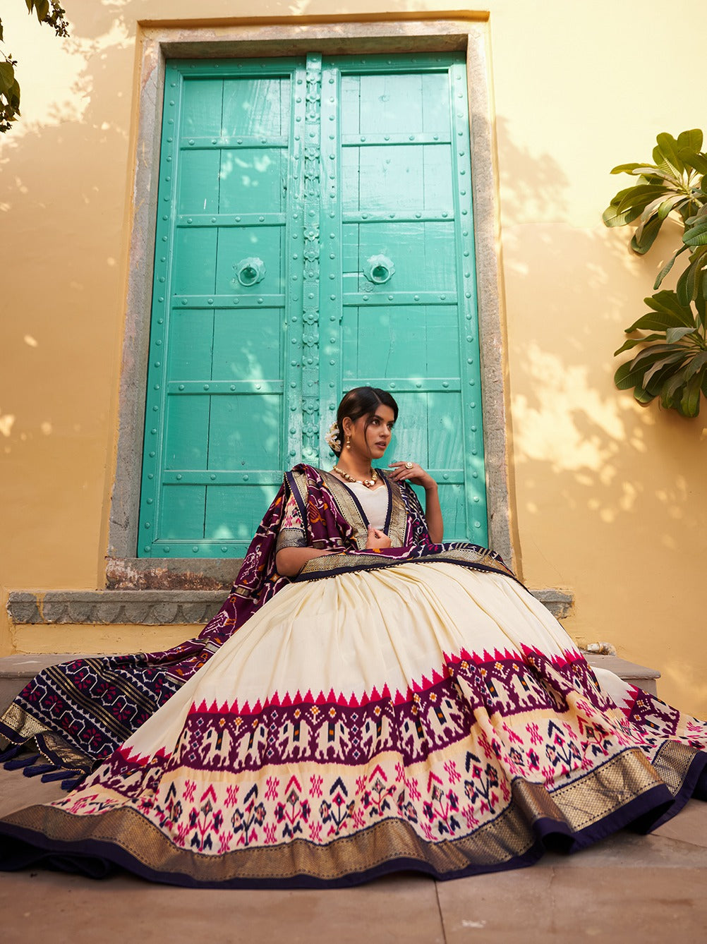 White & Purple Patola Silk Lehenga Choli With Contrast Dupatta