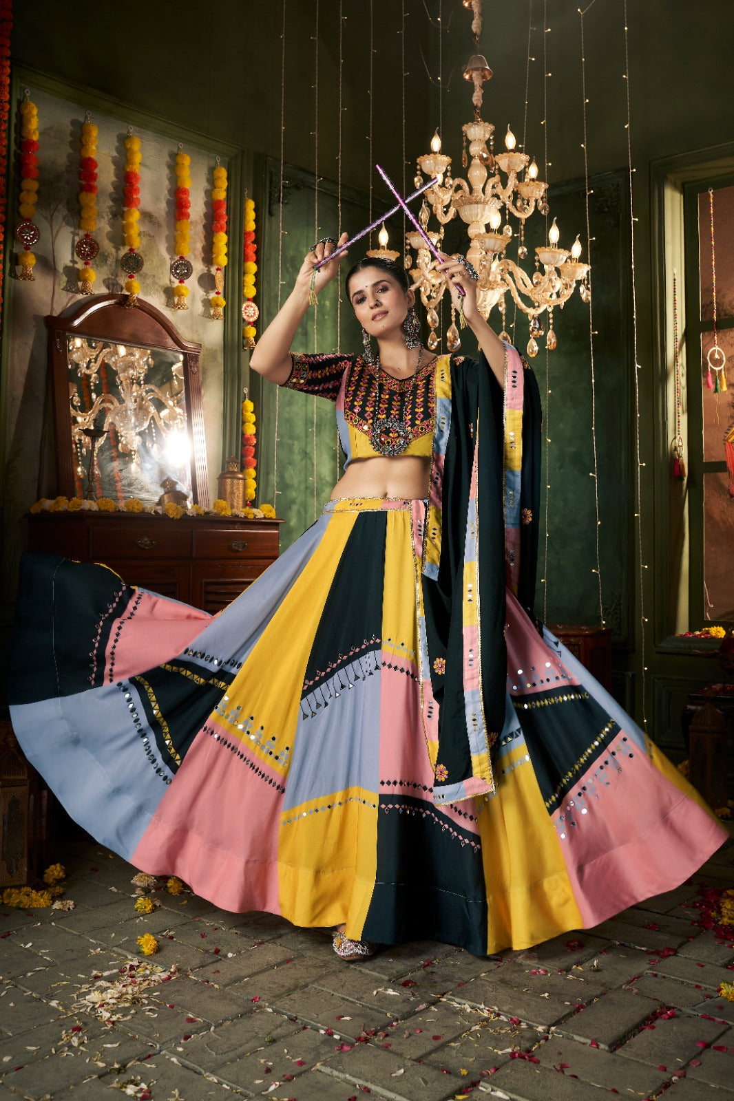 Multicolor Mirror Worked Muslin Cotton Navratri Chaniya Choli