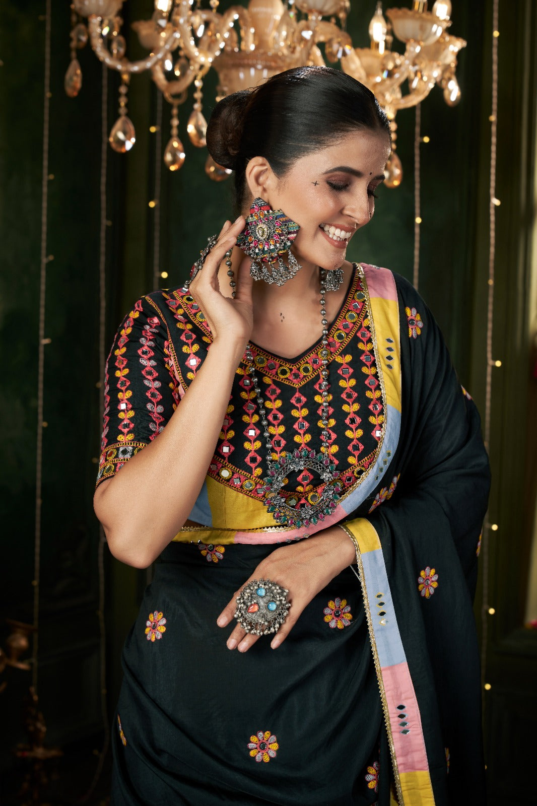 Multicolor Mirror Worked Muslin Cotton Navratri Chaniya Choli