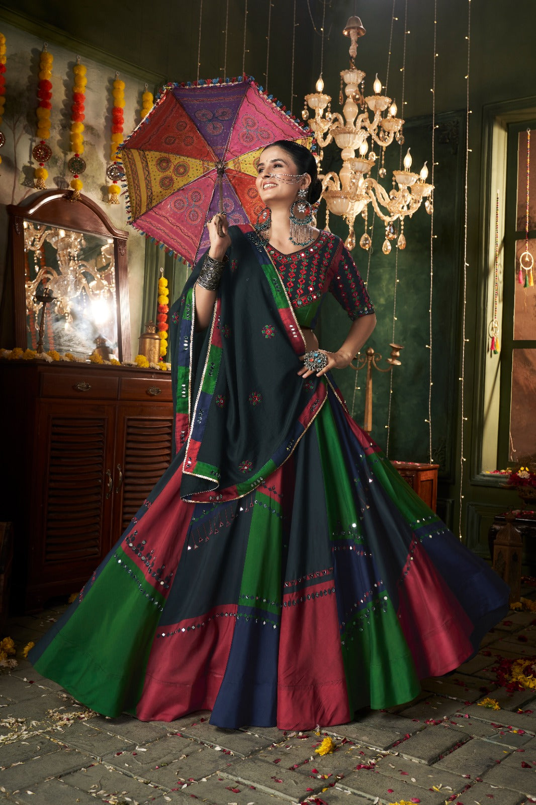 Multicolor Mirror Worked Muslin Cotton Navratri Chaniya Choli