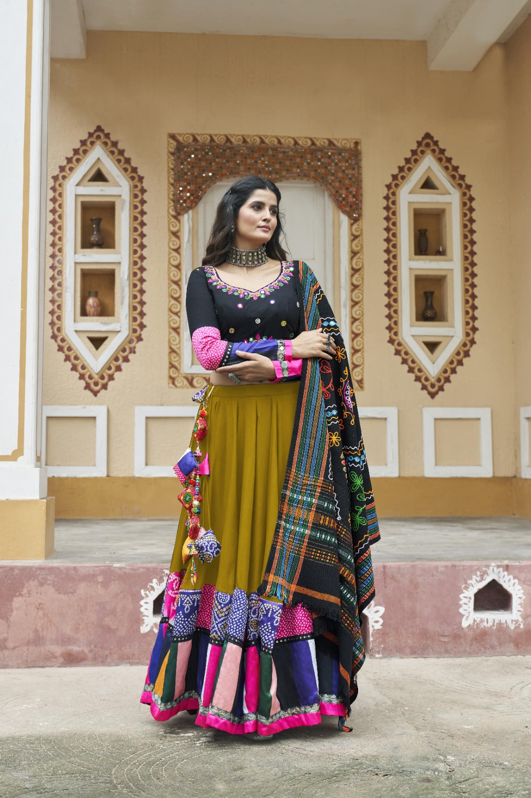 Flouracent Green Viscose Rayon Embroidered Navratri Lehenga Choli