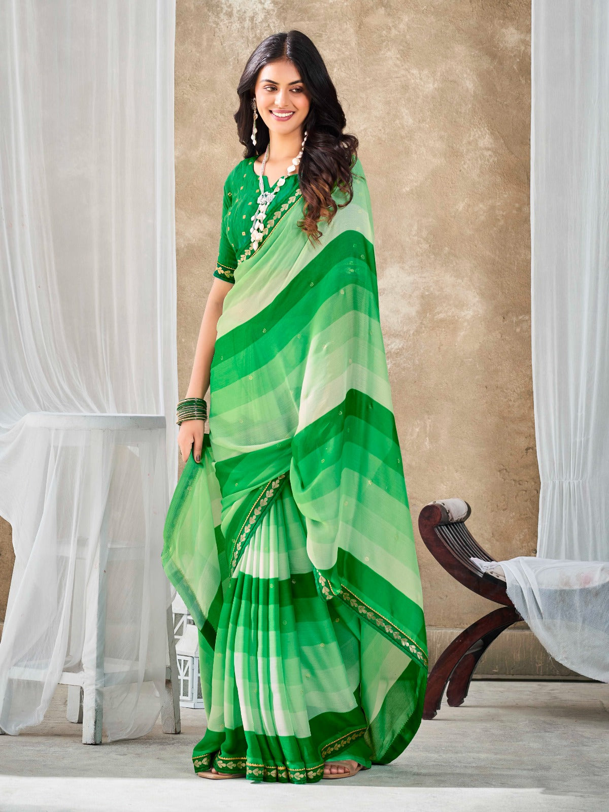 Apple Green Chiffon Georgette Printed Saree With Blouse