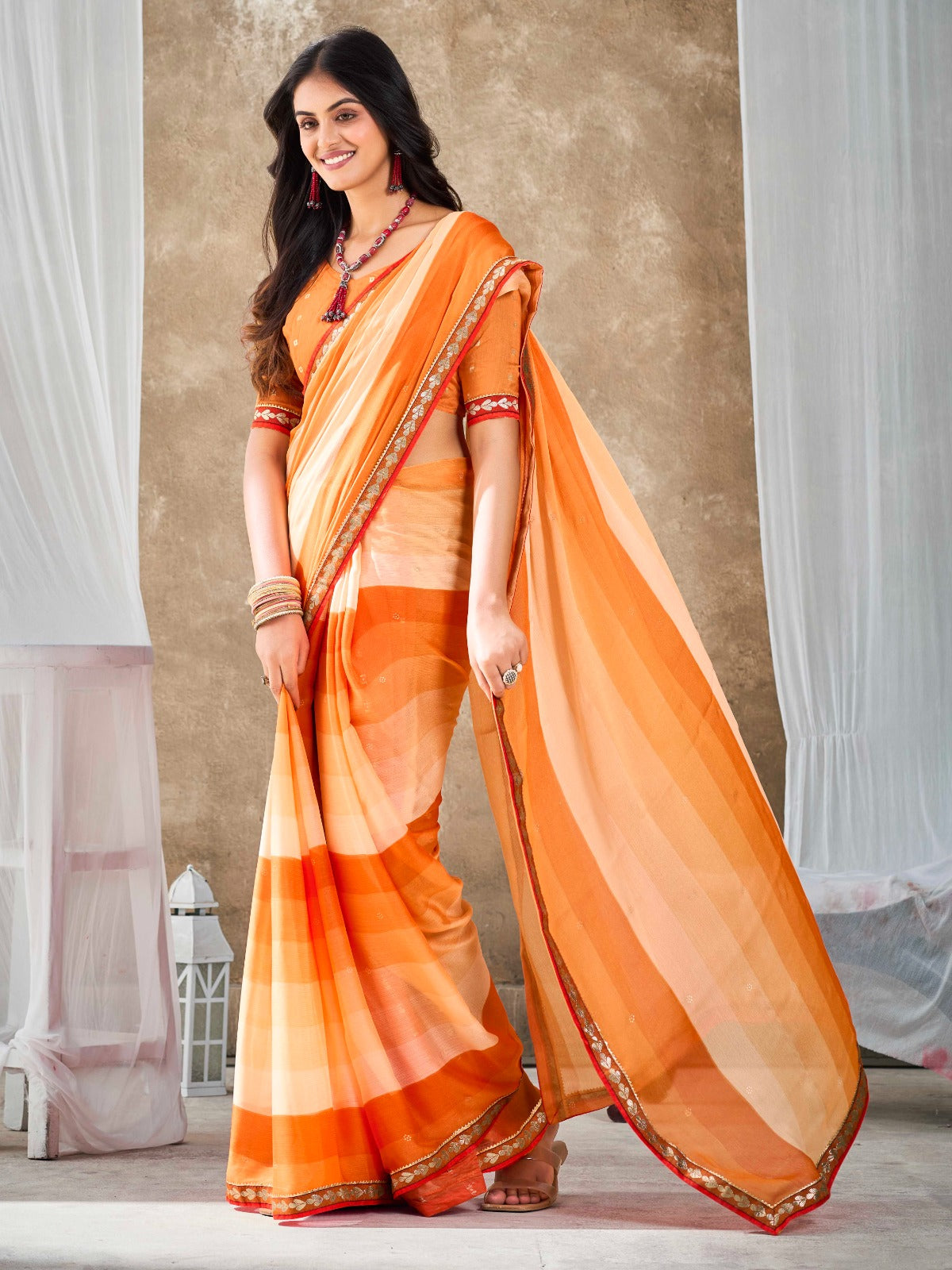 Pastel Orange Chiffon Georgette Printed Saree With Blouse