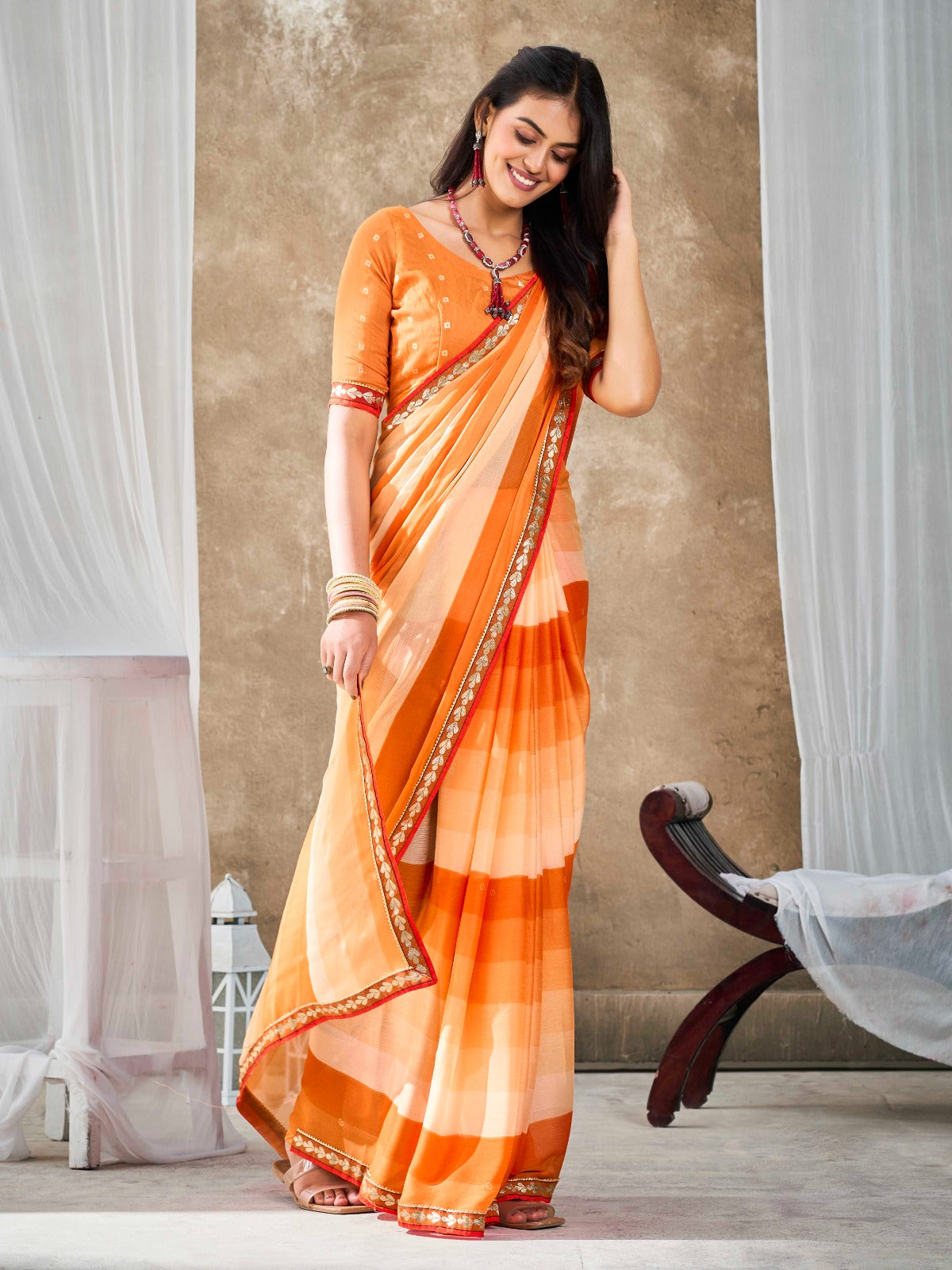 Pastel Orange Chiffon Georgette Printed Saree With Blouse