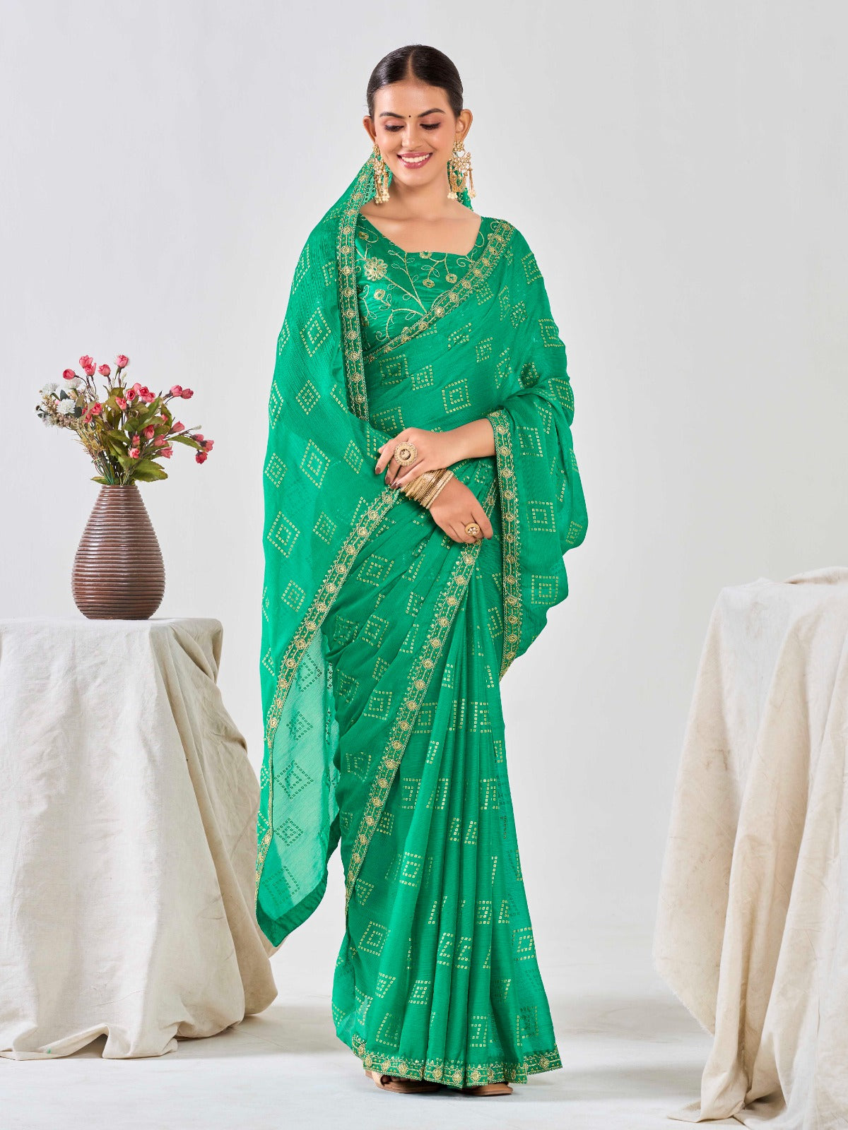 Teal Green Chiffon Georgette Foil Printed Saree With Embroidered Blouse