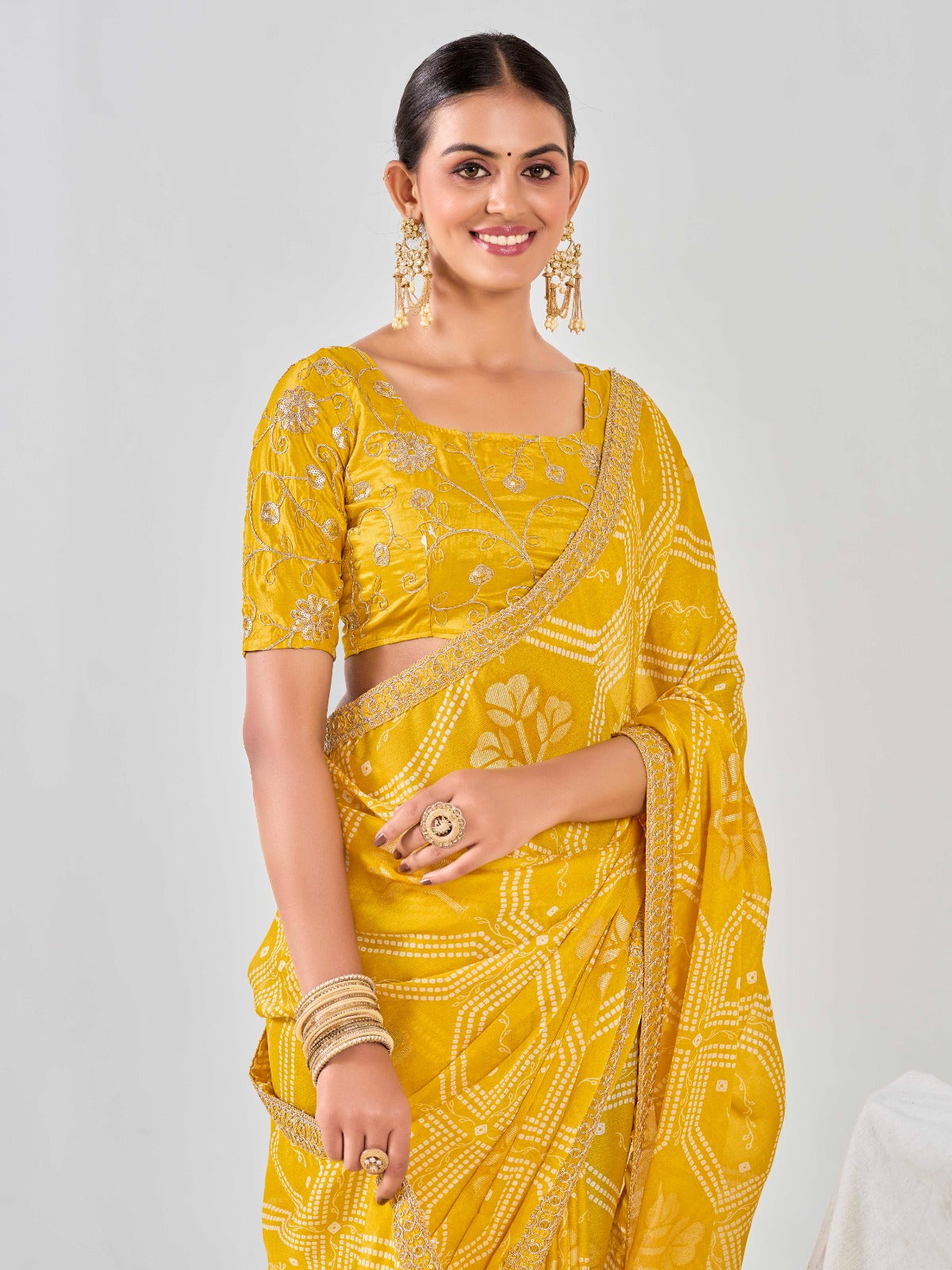 Yellow Chiffon Georgette Foil Printed Saree With Embroidered Blouse