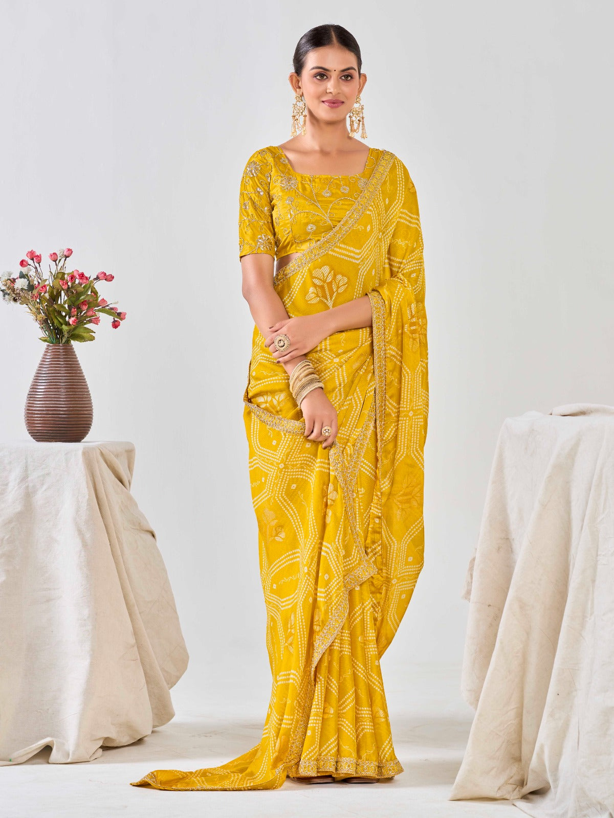 Yellow Chiffon Georgette Foil Printed Saree With Embroidered Blouse