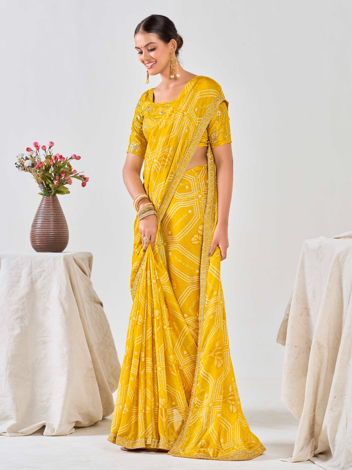 Yellow Chiffon Georgette Foil Printed Saree With Embroidered Blouse