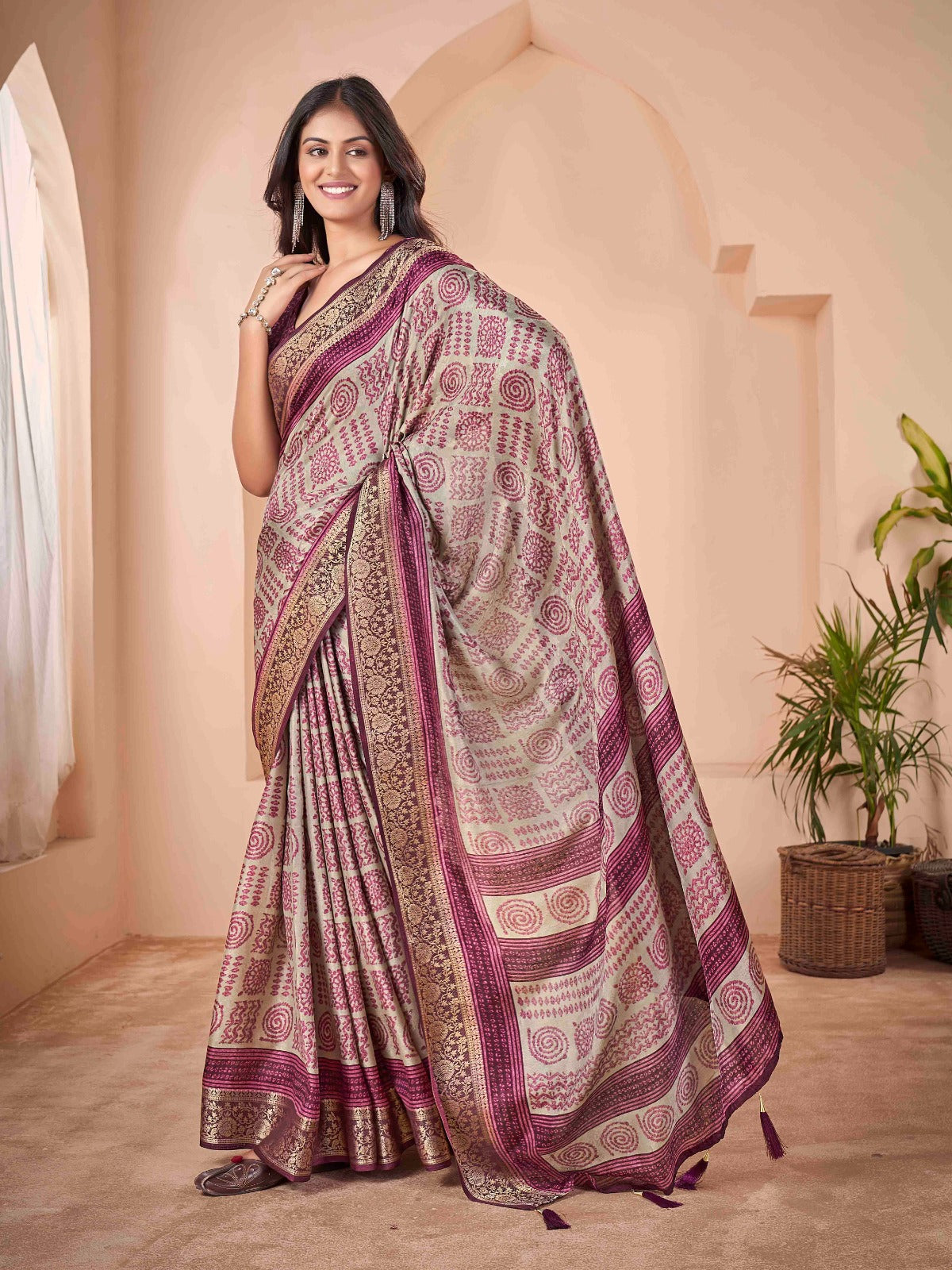 Wine Tussar Silk Self Jacquard Designer Saree