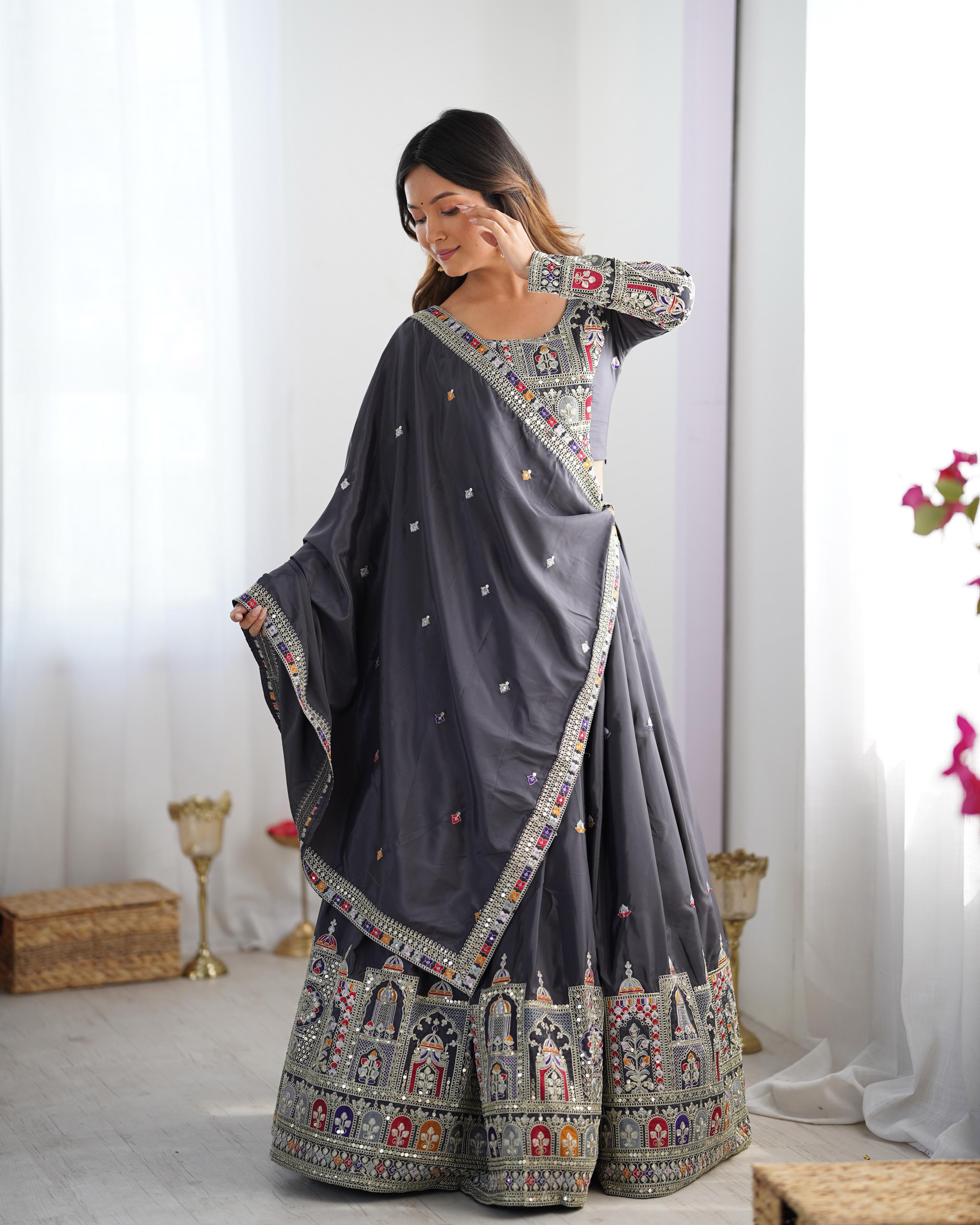Natural Silk Blue embroidery Lehenga Choli Set