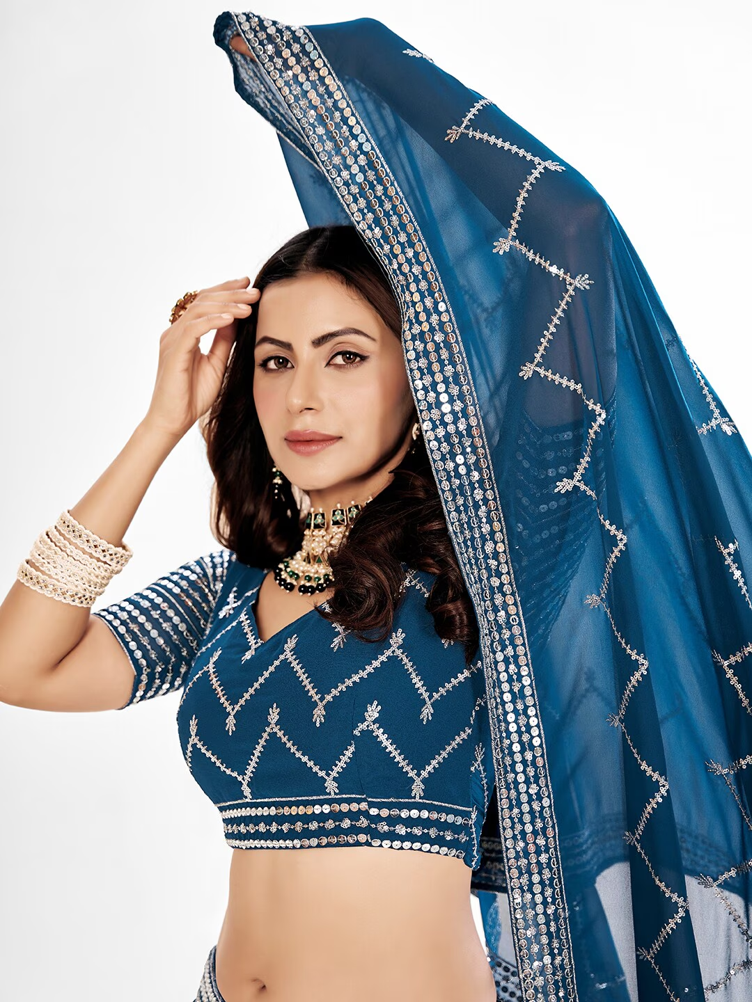 Blue Embroidered Sequined Semi-Stitched Lehenga Choli