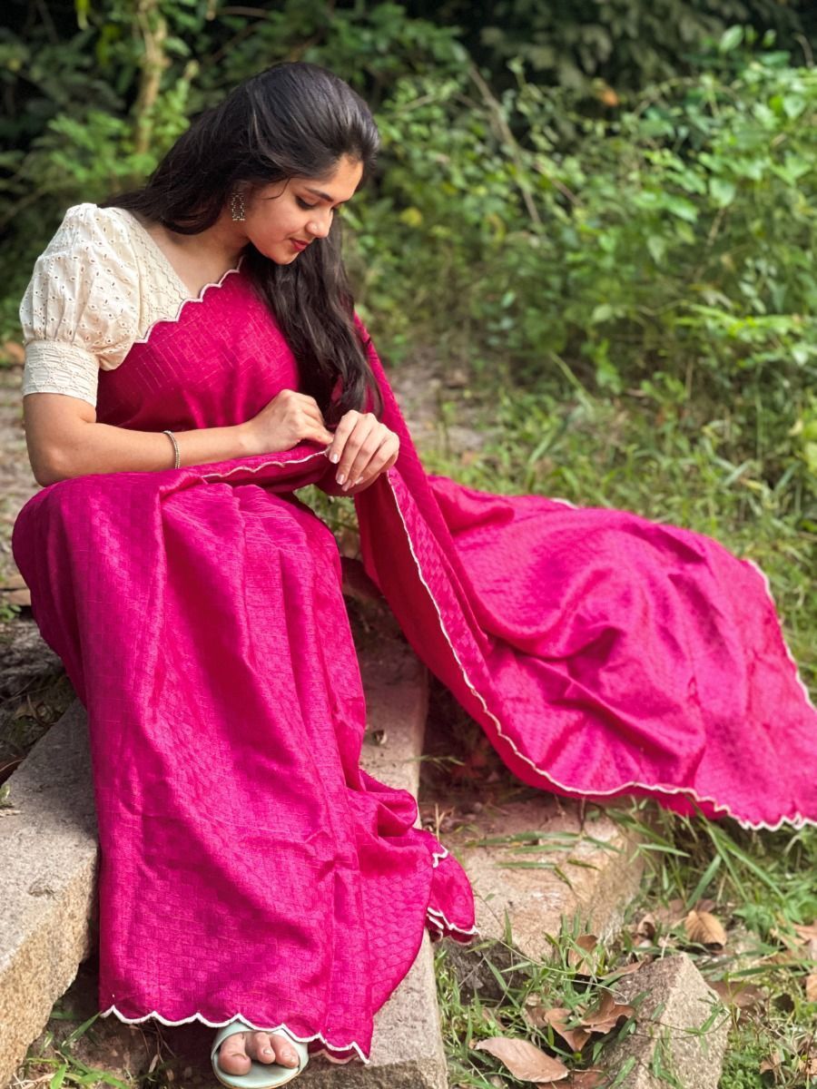 Pink Color Cotton Silk Saree With White Blouse