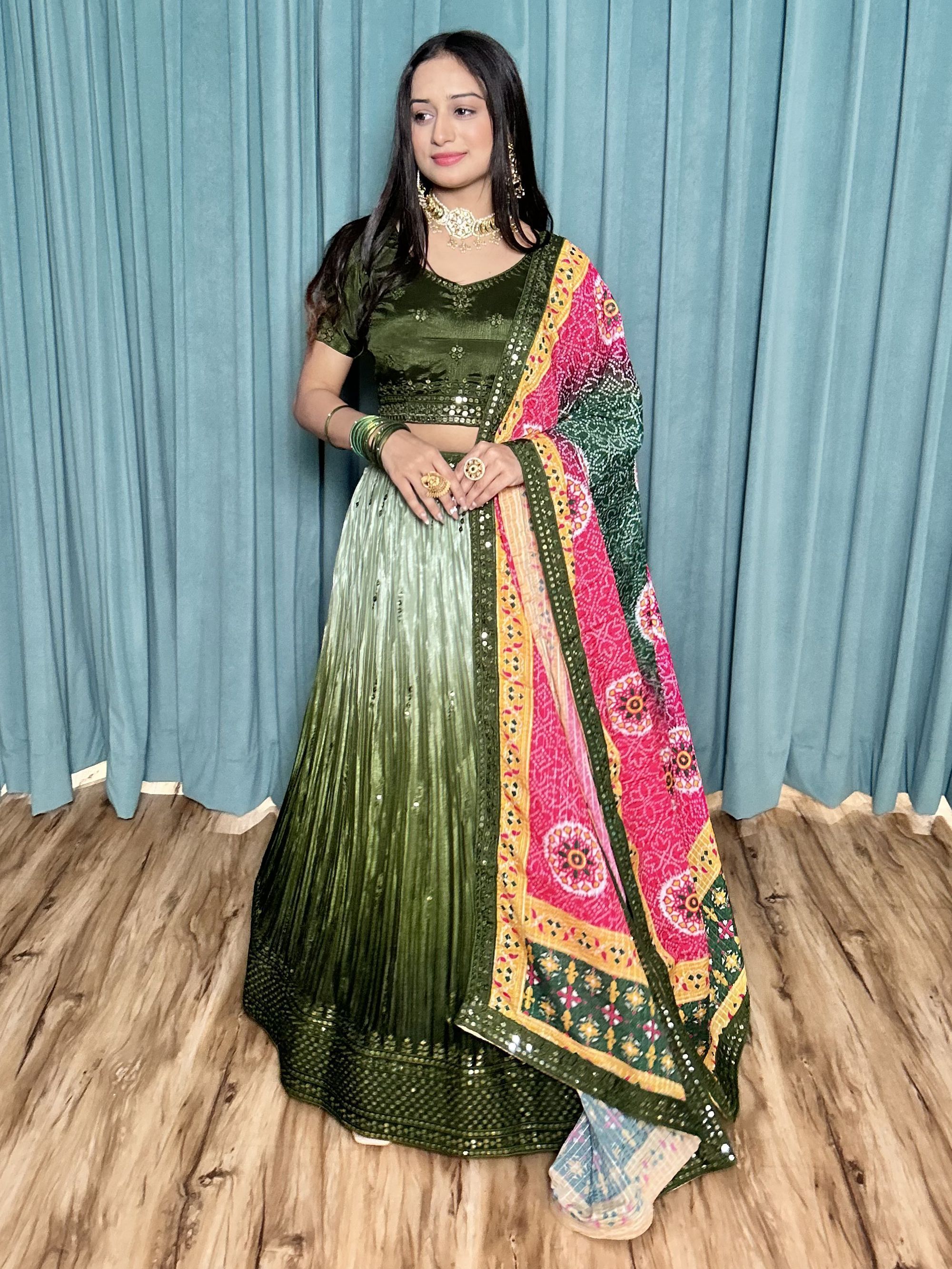 Two Tone Green Sequins Worked Chinon Navratri Lehenga Choli