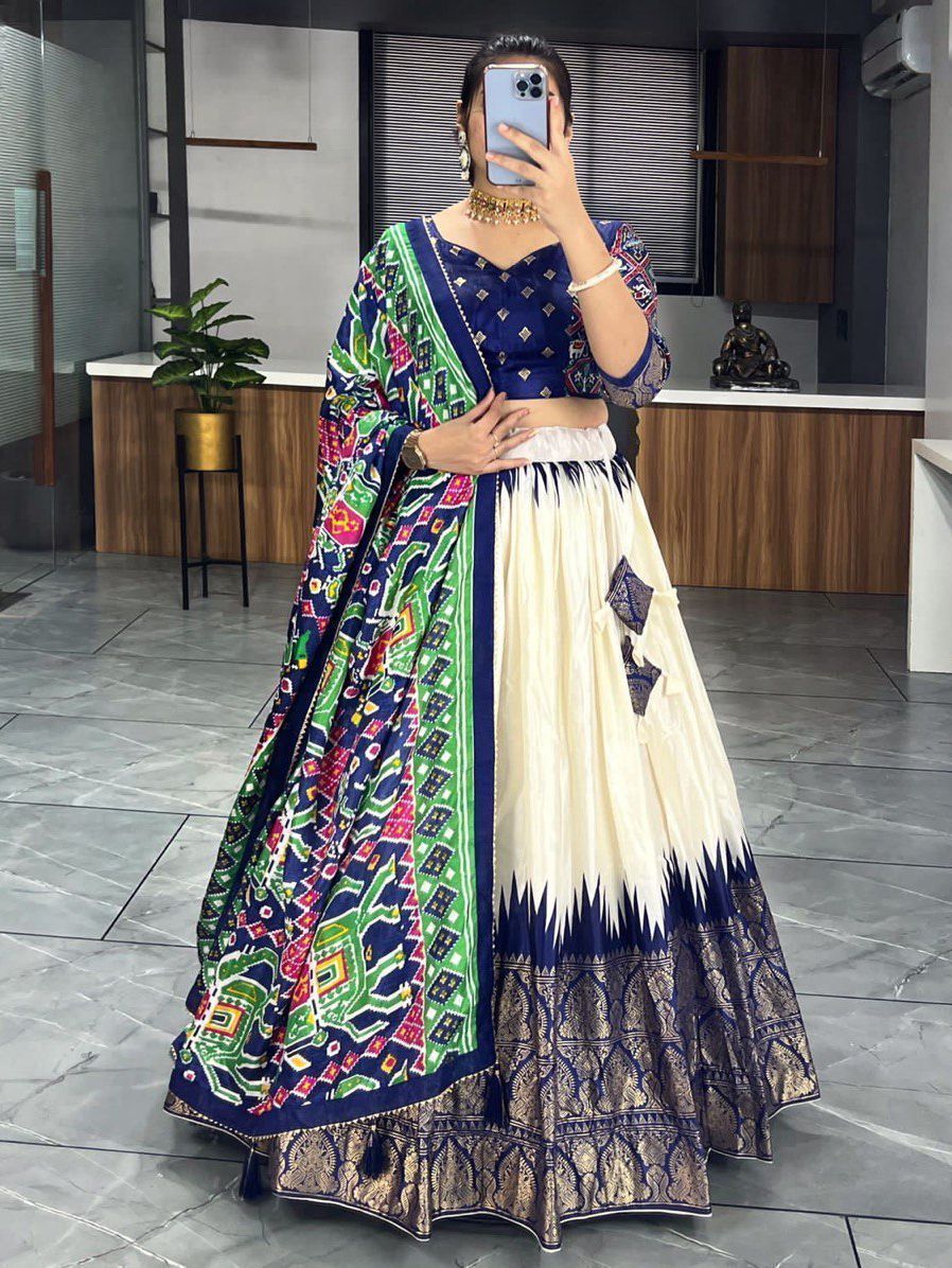 Off White & Blue Printed Dola Silk Garba Special Chaniya Choli