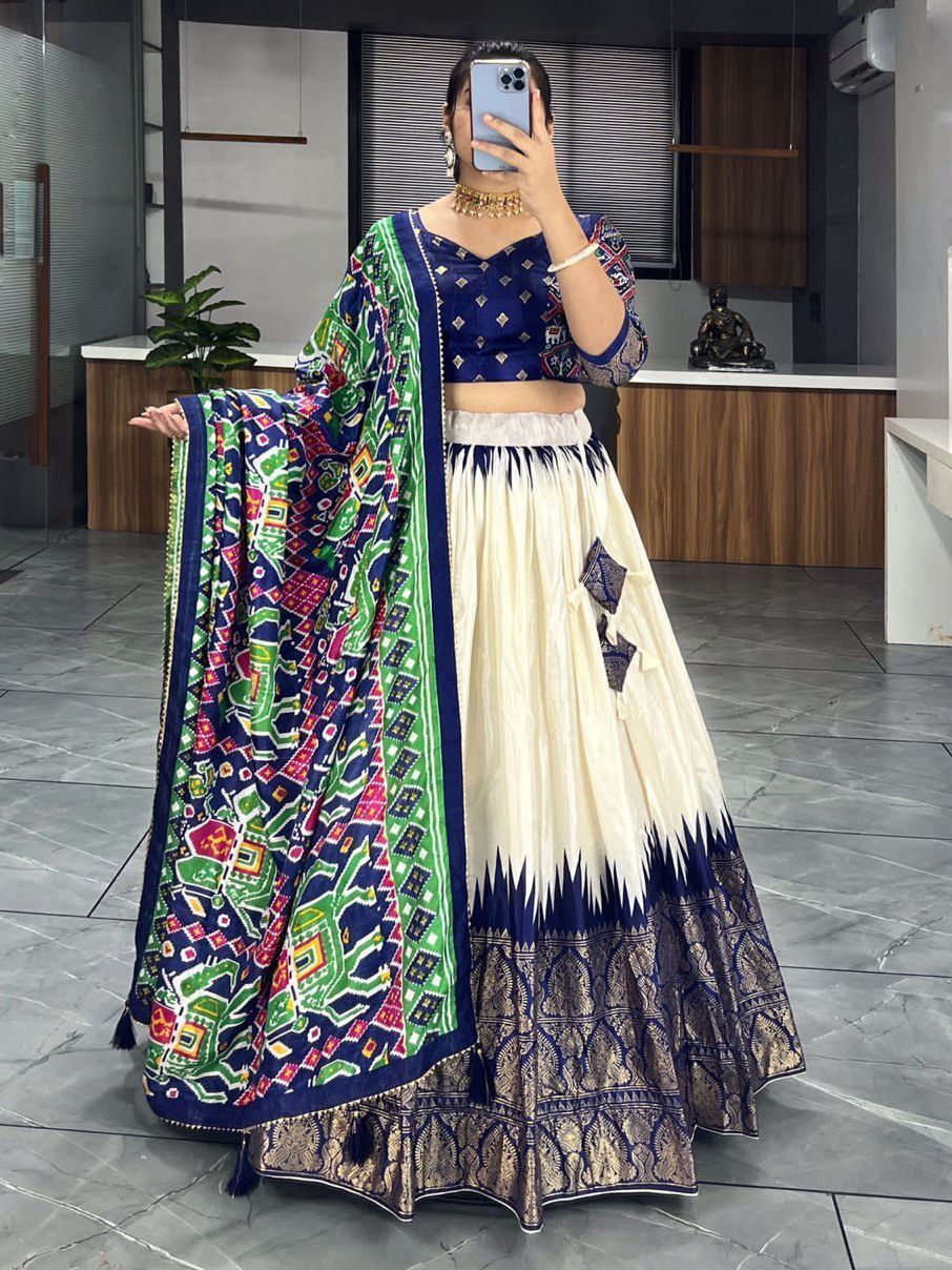 Off White & Blue Printed Dola Silk Garba Special Chaniya Choli