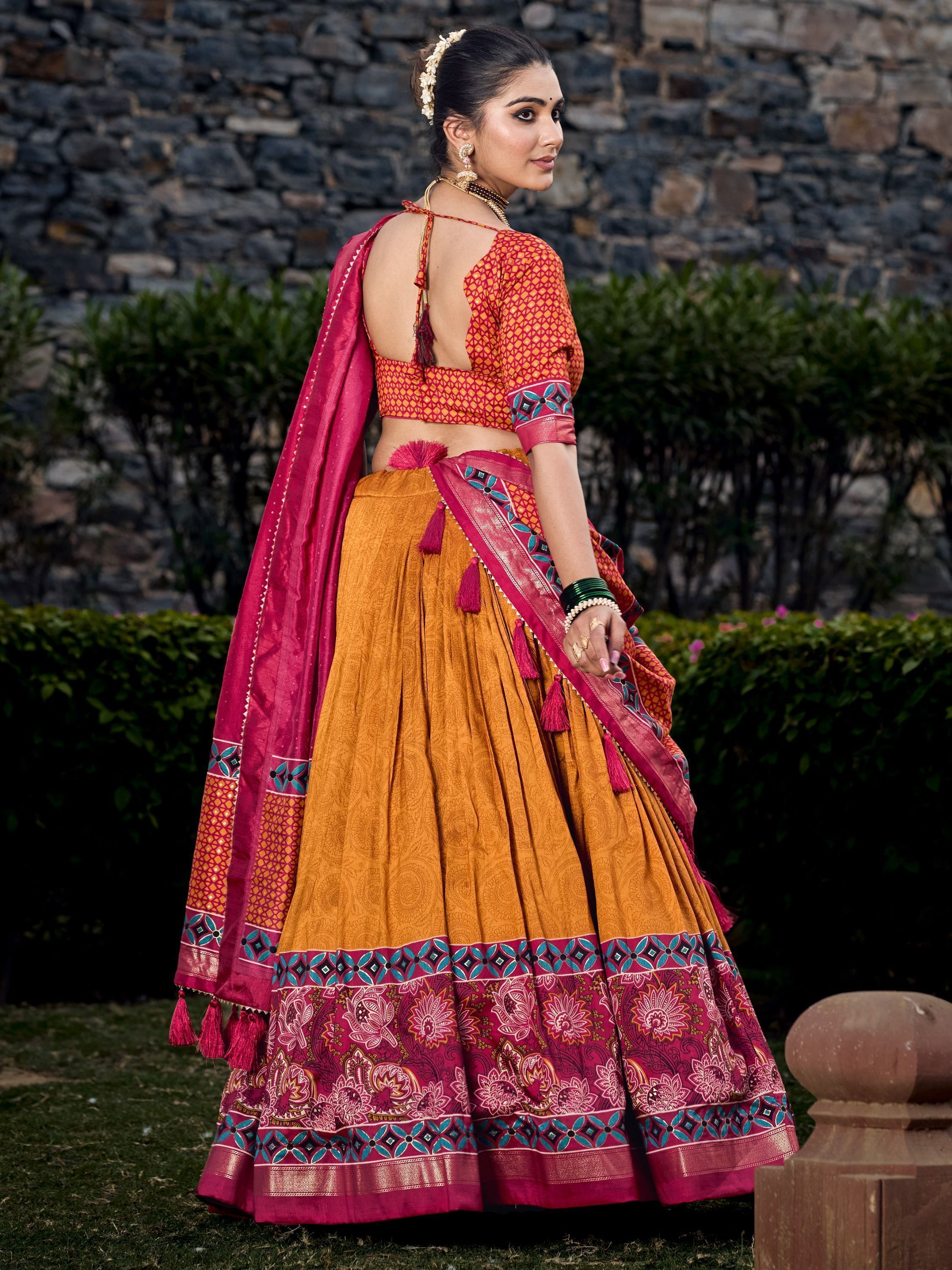 Mustard Foil & Printed Tussar Silk Lehenga Choli For Garba