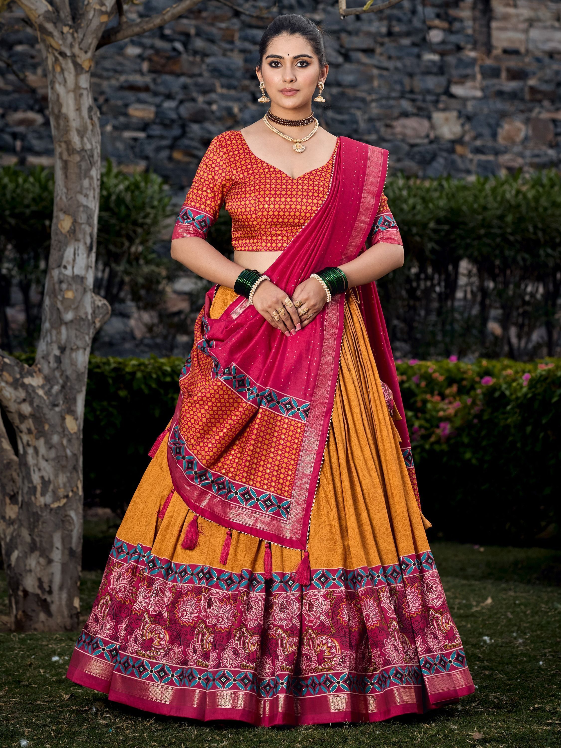 Mustard Foil & Printed Tussar Silk Lehenga Choli For Garba