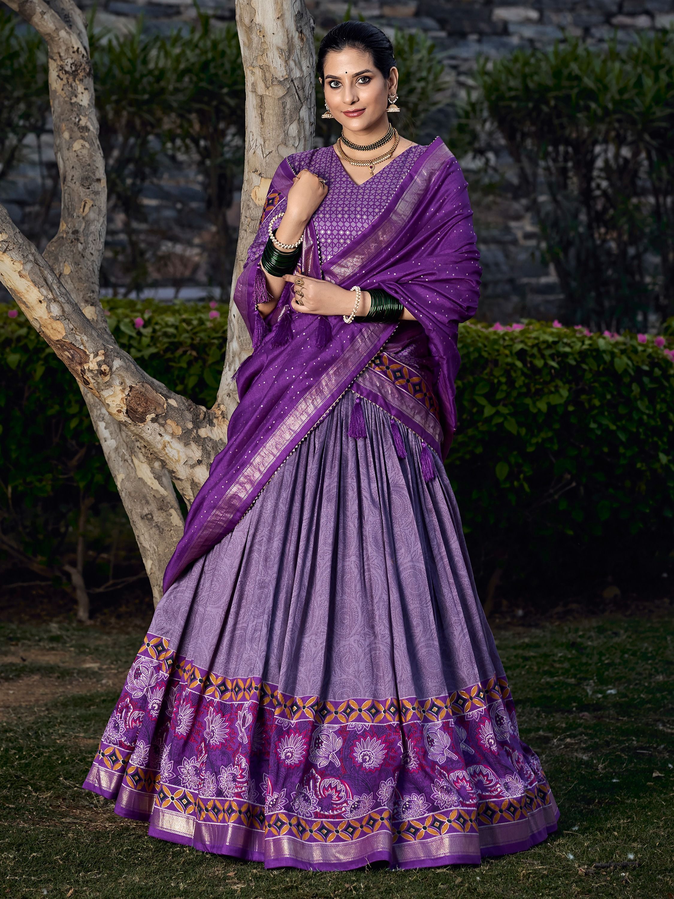 Purple Foil & Printed Tussar Silk Lehenga Choli For Garba