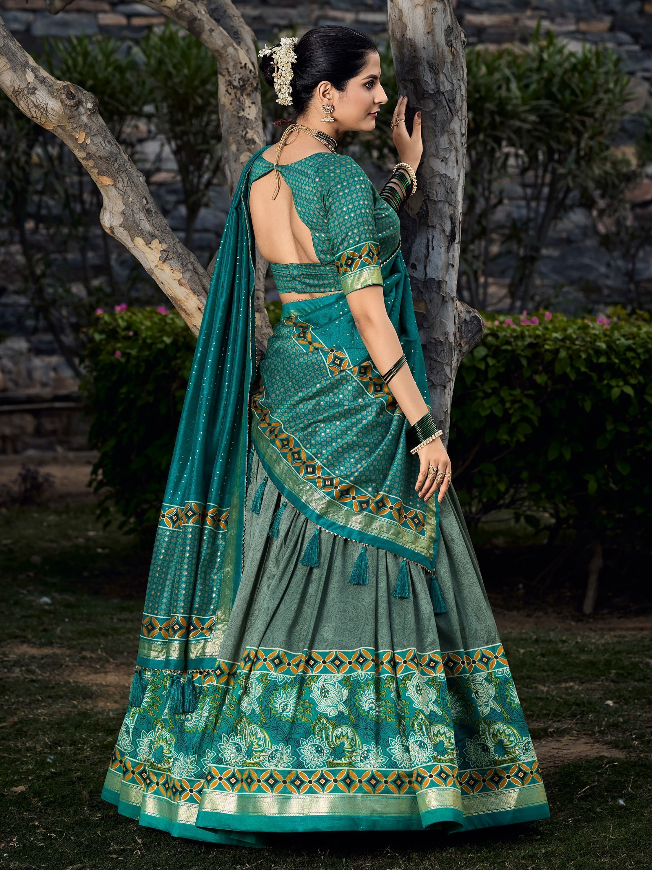 Sage Green Flower Printed Tussar Silk Lehenga Choli For Garba