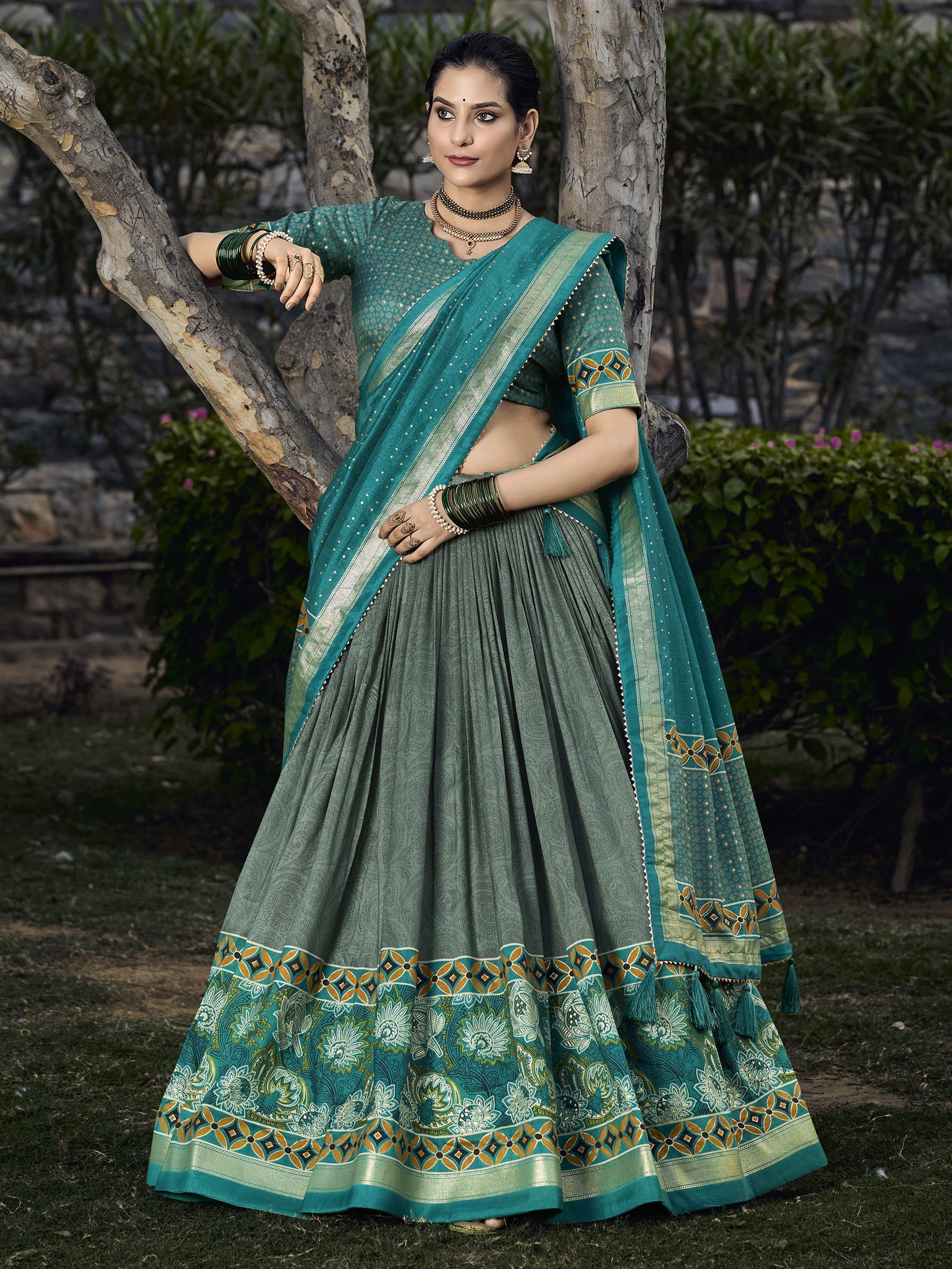 Sage Green Flower Printed Tussar Silk Lehenga Choli For Garba