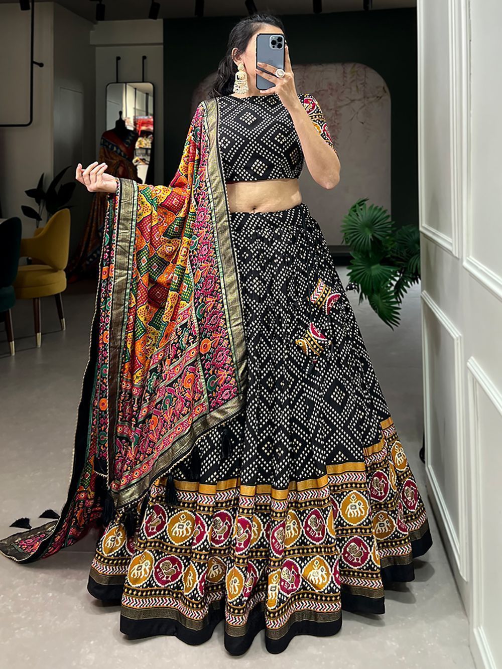 Black Bandhani Printed Tussar Silk Lehenga Choli For Garba