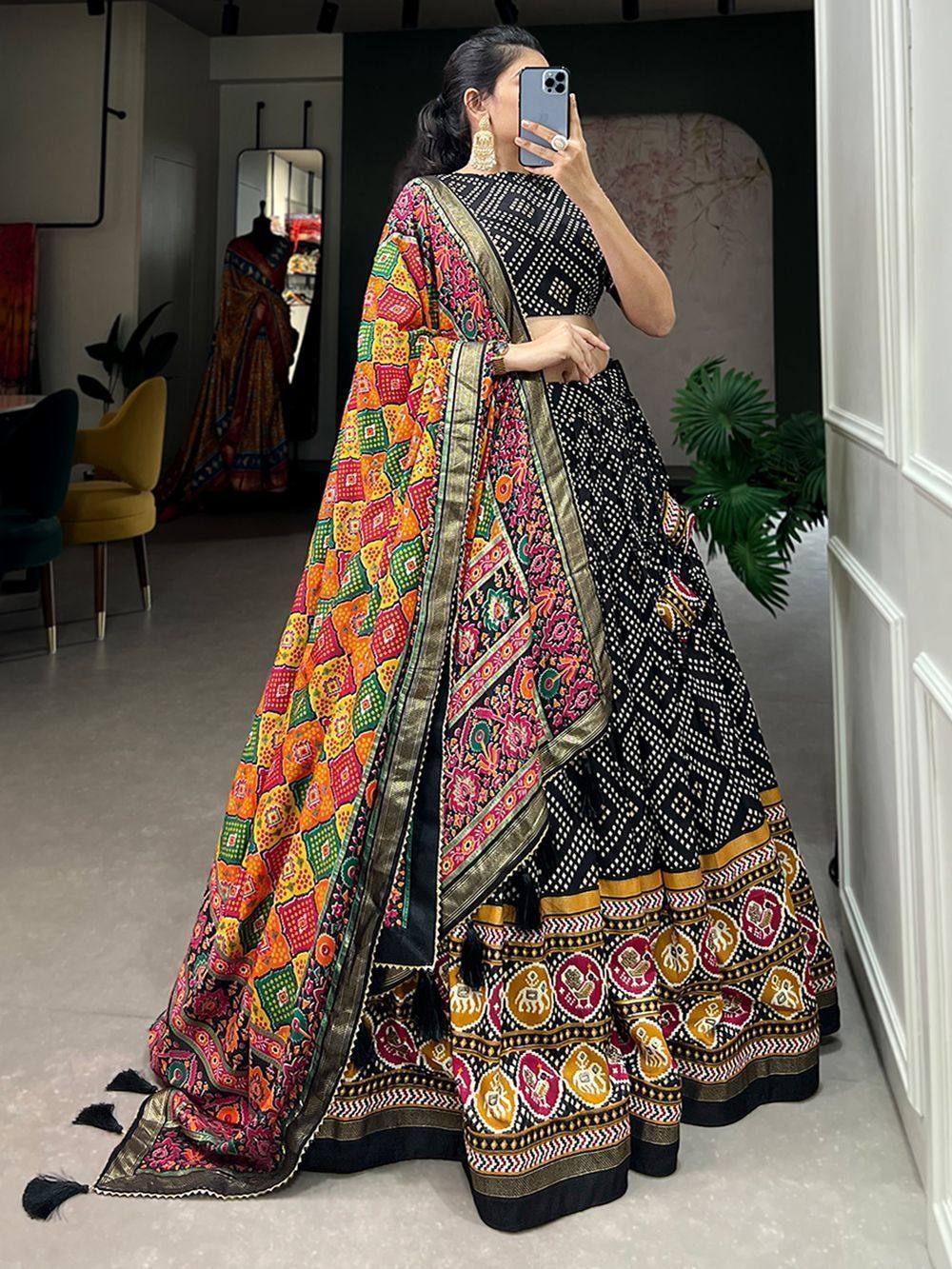 Black Bandhani Printed Tussar Silk Lehenga Choli For Garba