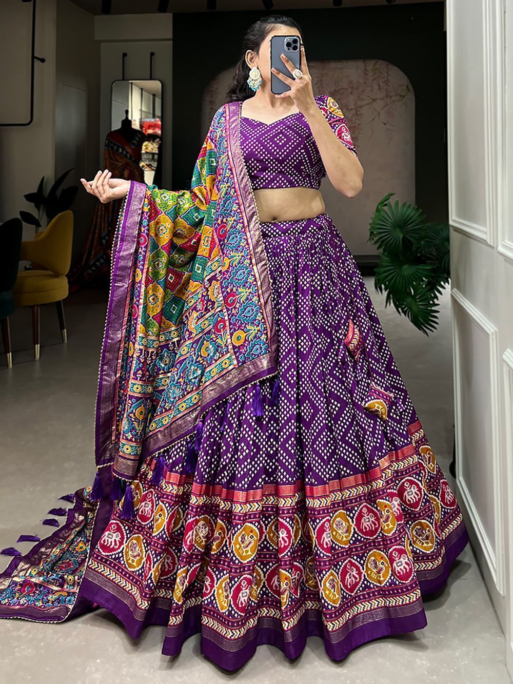 Purple Bandhani Printed Tussar Silk Lehenga Choli For Garba