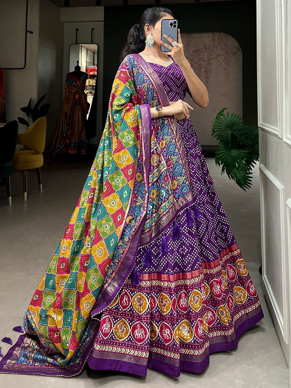 Purple Bandhani Printed Tussar Silk Lehenga Choli For Garba