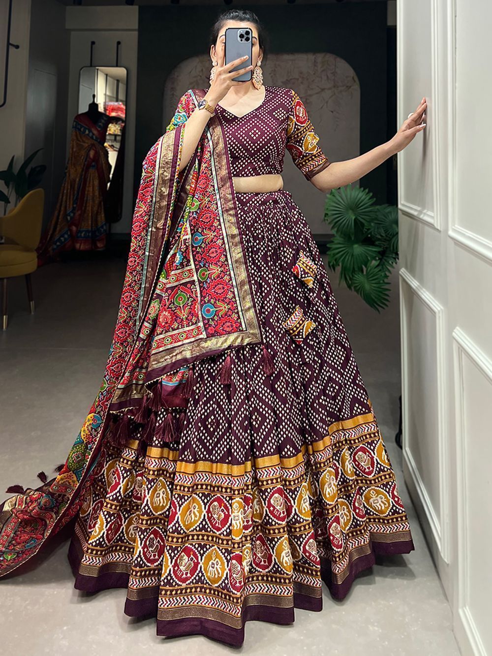 Wine Bandhani Printed Tussar Silk Lehenga Choli For Garba