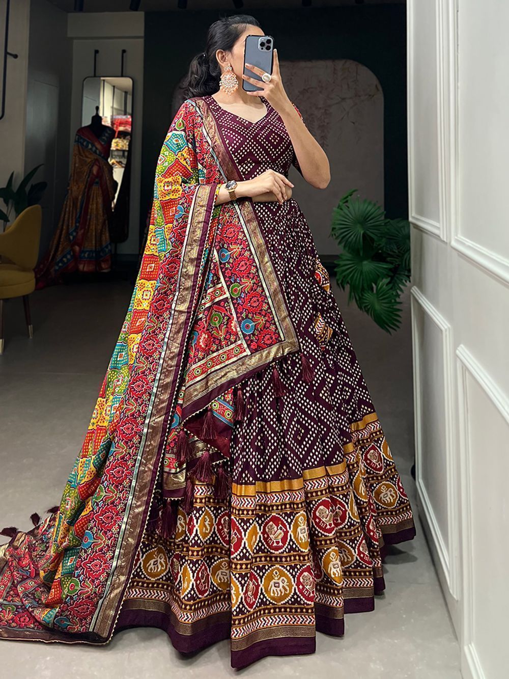 Wine Bandhani Printed Tussar Silk Lehenga Choli For Garba