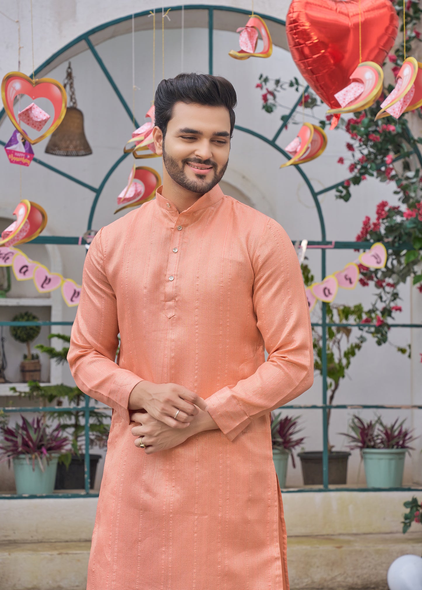 Sumitra Peach Silk Couple Wear Saree with Kurta