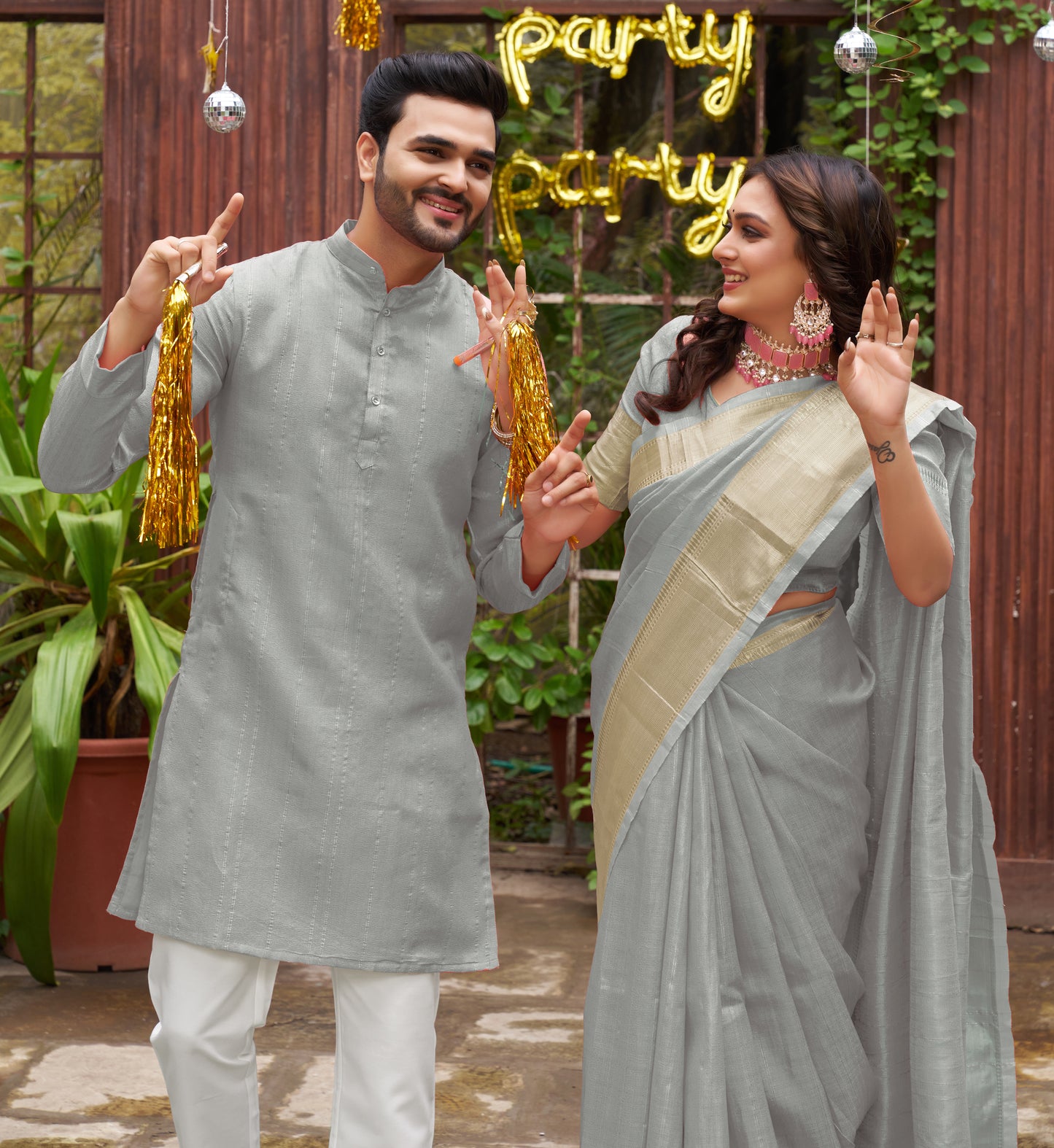 Sumitra Grey Silk Couple Wear Saree with Kurta