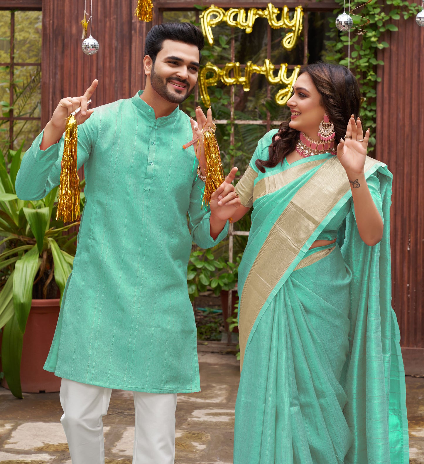 Sumitra Teal Blue Silk Couple Wear Saree with Kurta