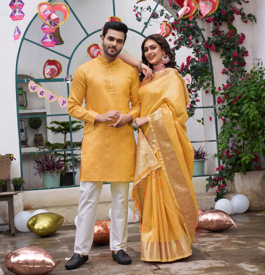 Sumitra Yellow Silk Couple Wear Saree with Kurta