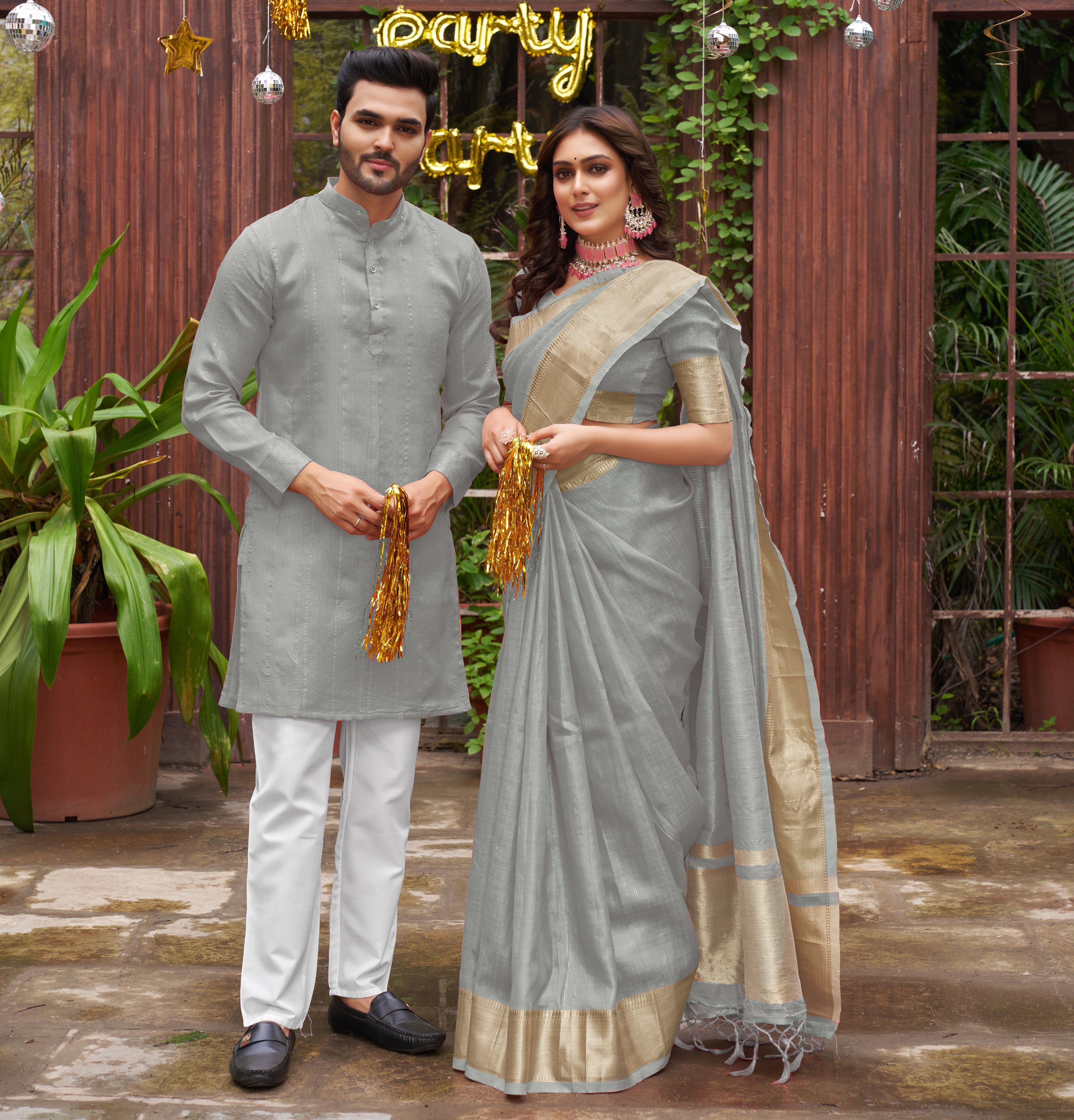 Sumitra Grey Silk Couple Wear Saree with Kurta