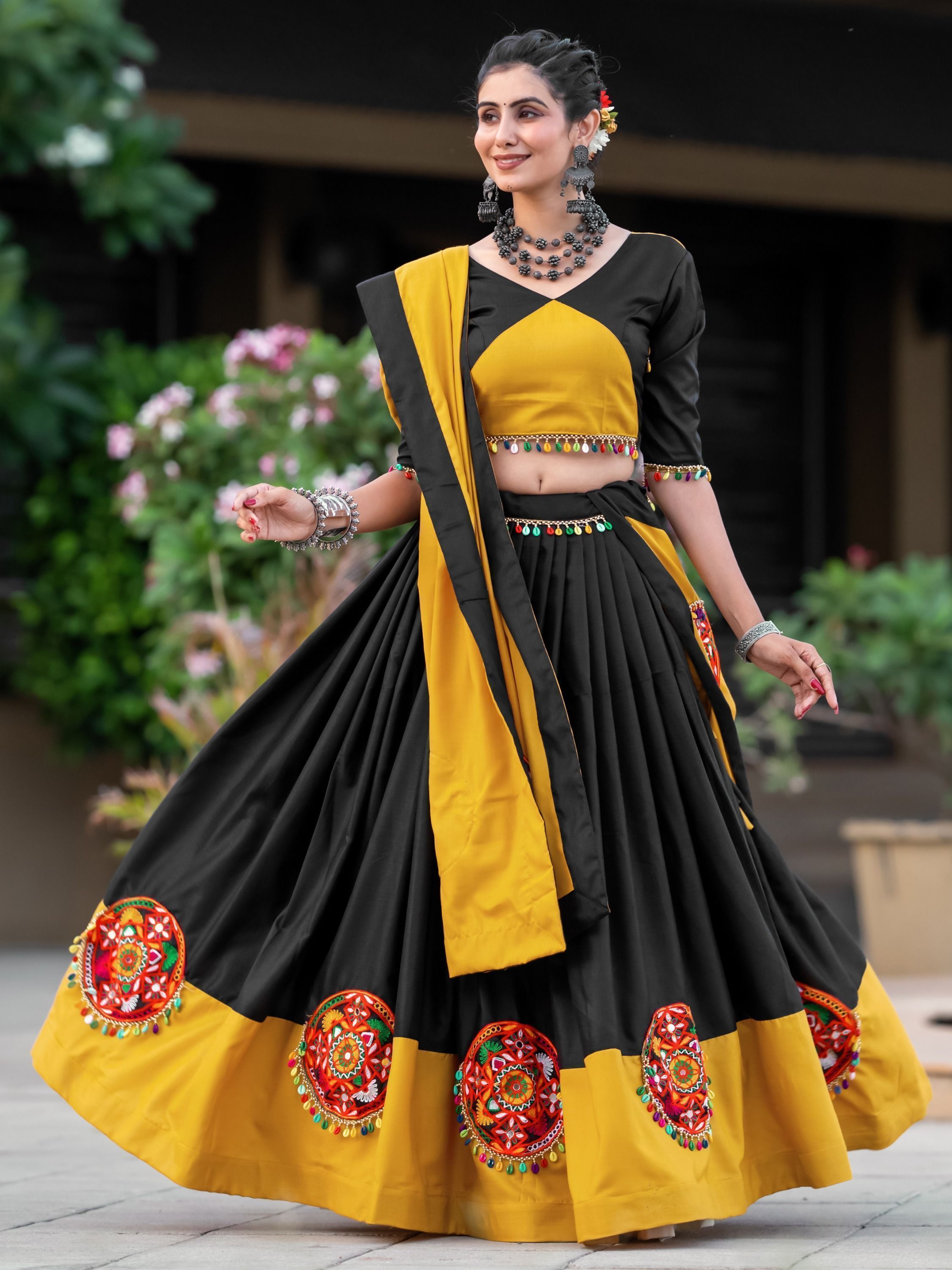 Black & Yellow Gamthi Work Cotton Navratri Lehenga Choli