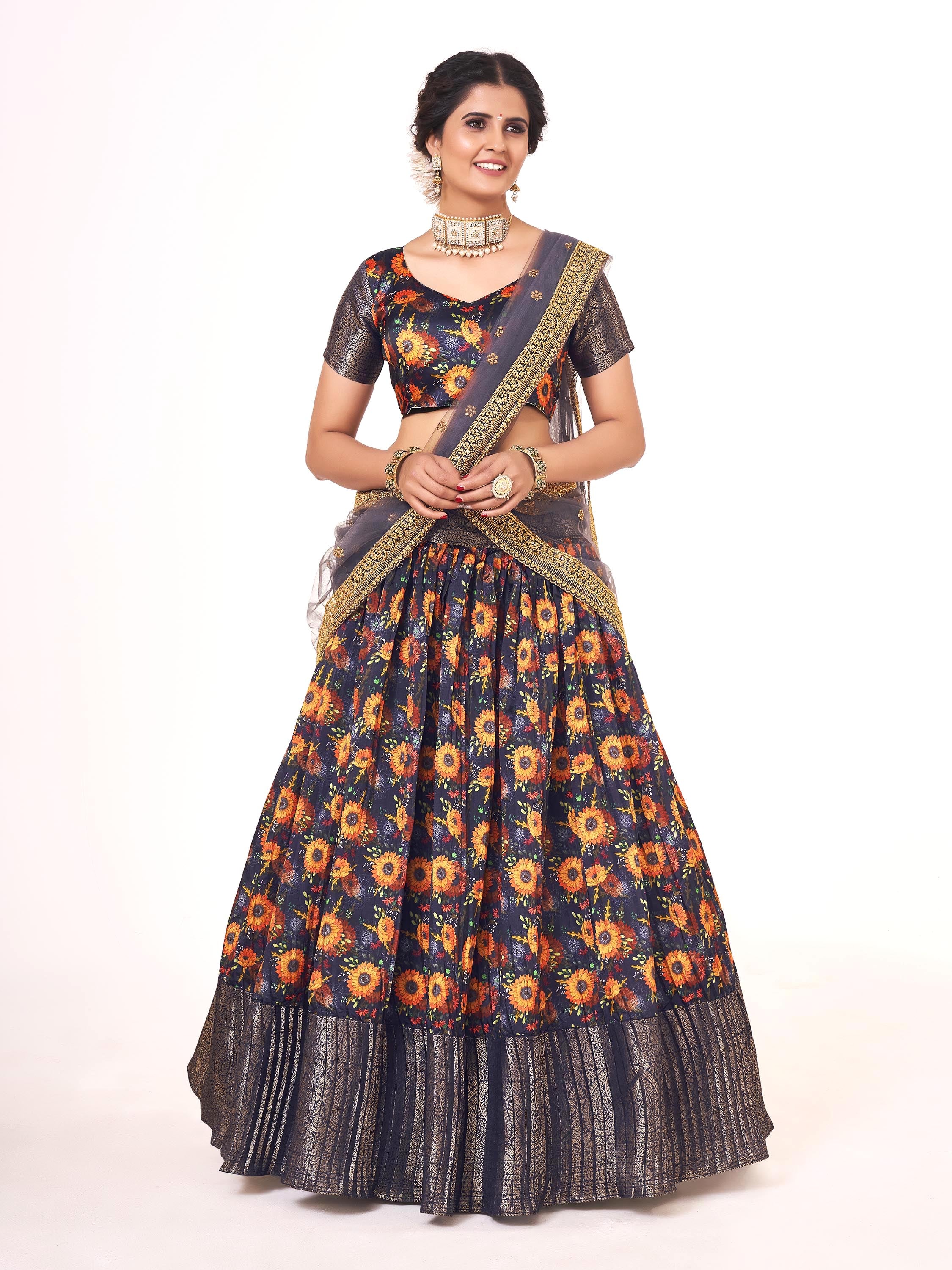 Violet Indigo Floral Printed Weaving Work Banarasi Silk Half Saree Lehenga Choli