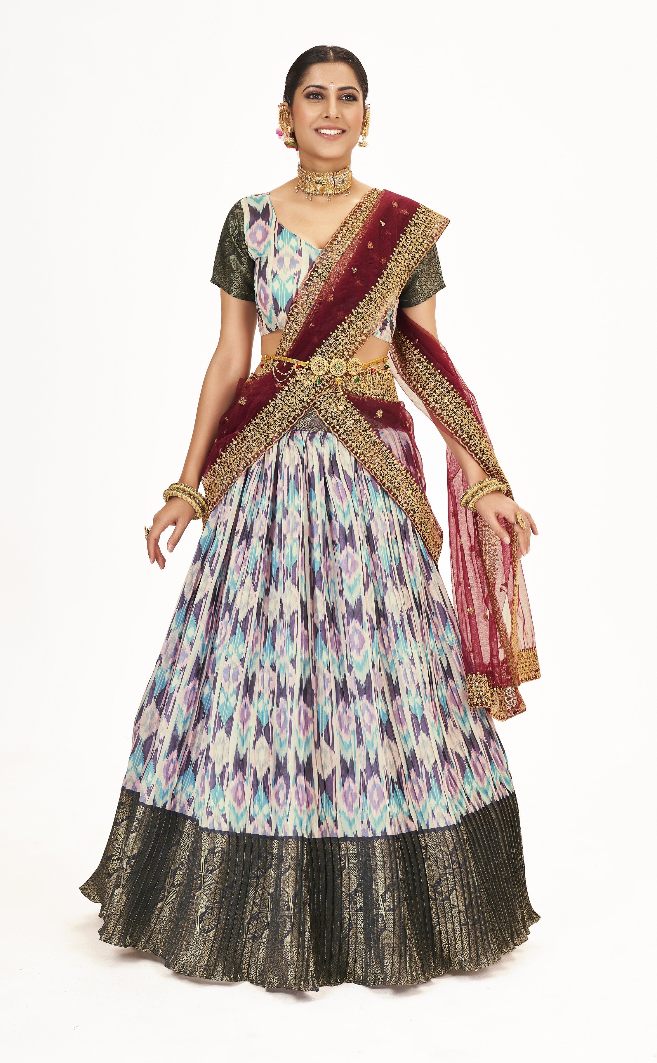 Marvelous Multicolor Digital Print And Weaving Work Banarasi Silk Pattu Half Saree Lehenga Choli